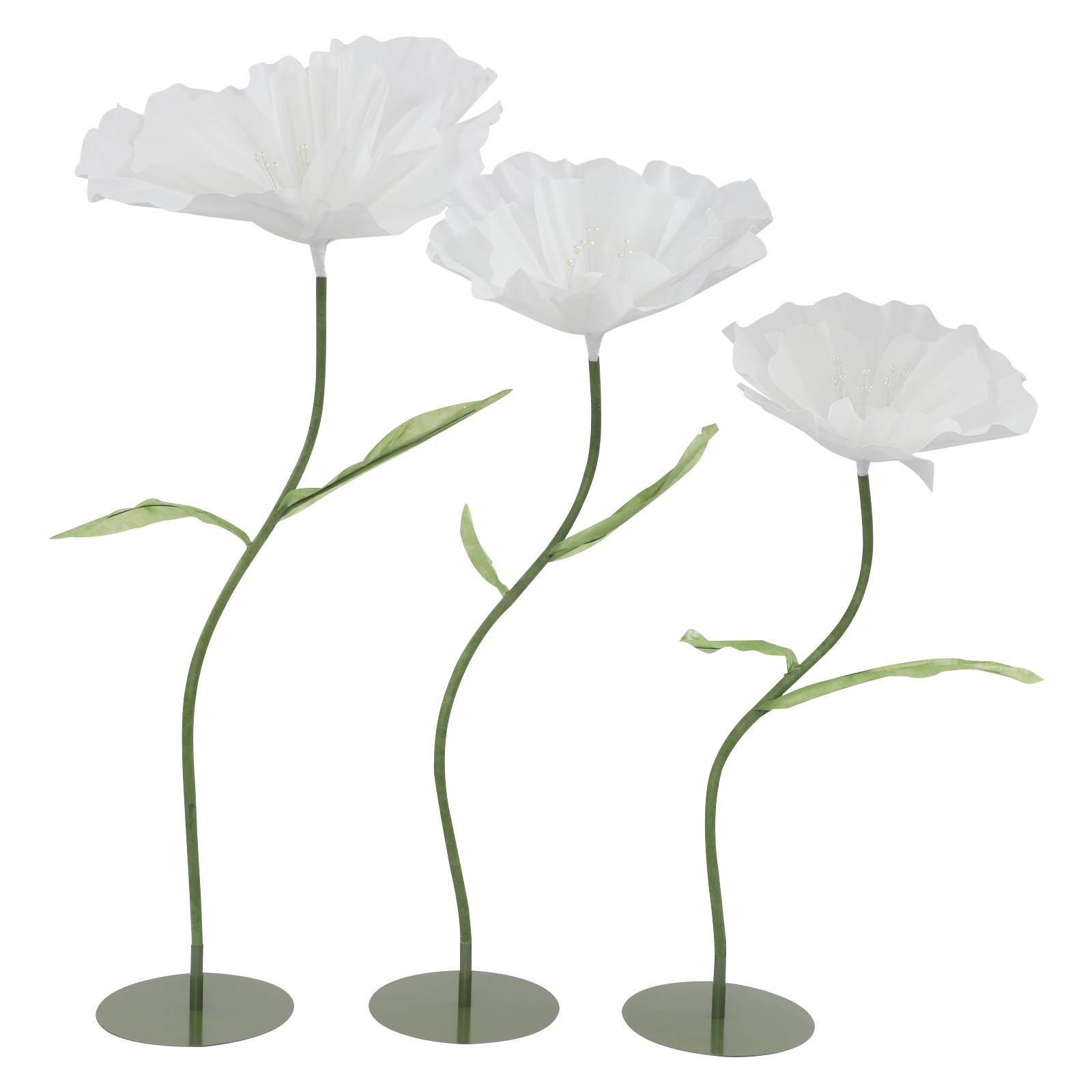 3pcs Giant Artificial Flower Poppy Free Standing Adjustable Wedding Decor White