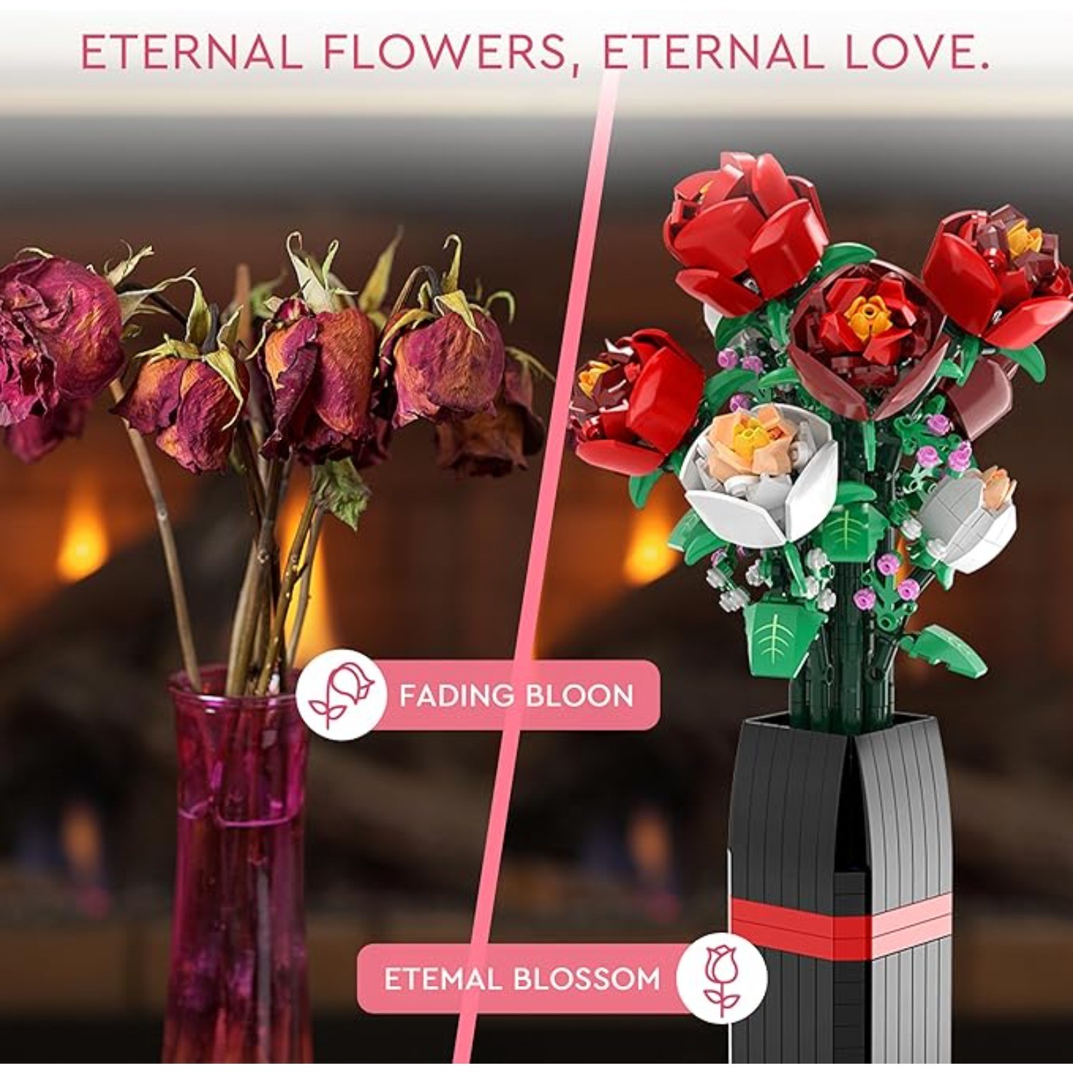Flowers Bouquet Building Decoration Set with Vase, Gift for Women Girls Boys