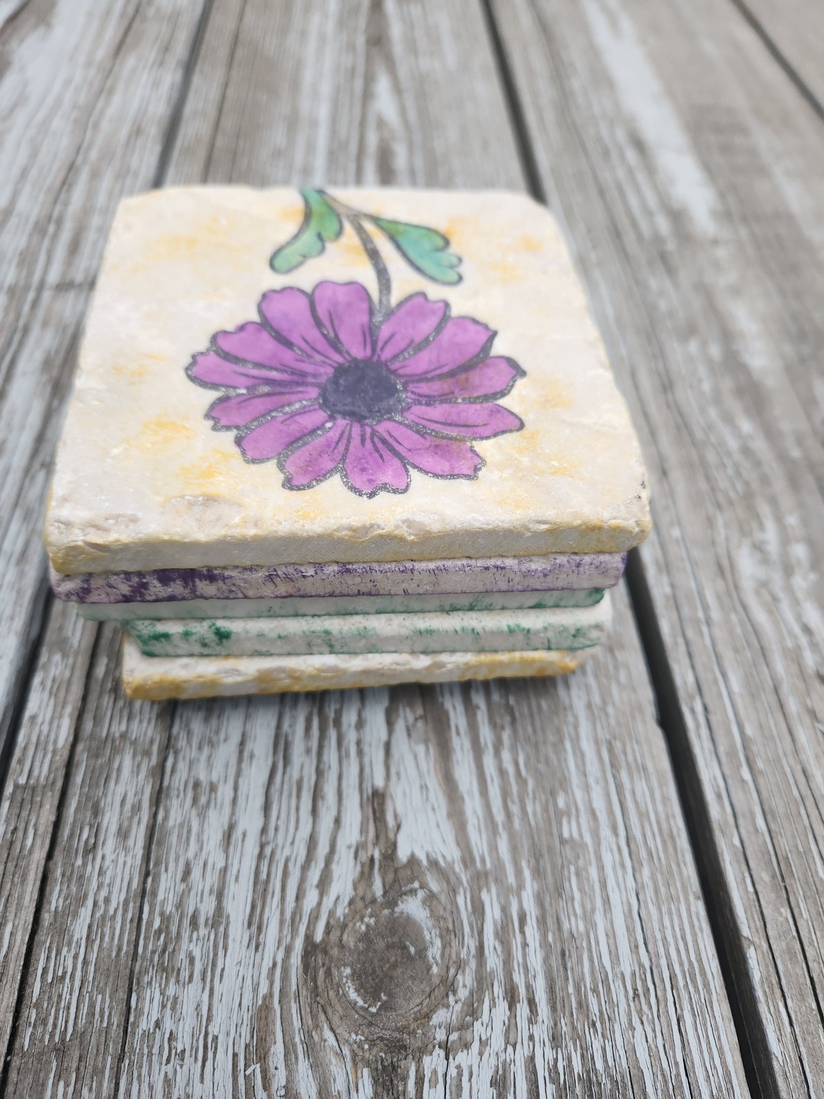Handmade Floral Stone Tile Coasters Set 6 Flower Art Unique Home Decor Gift