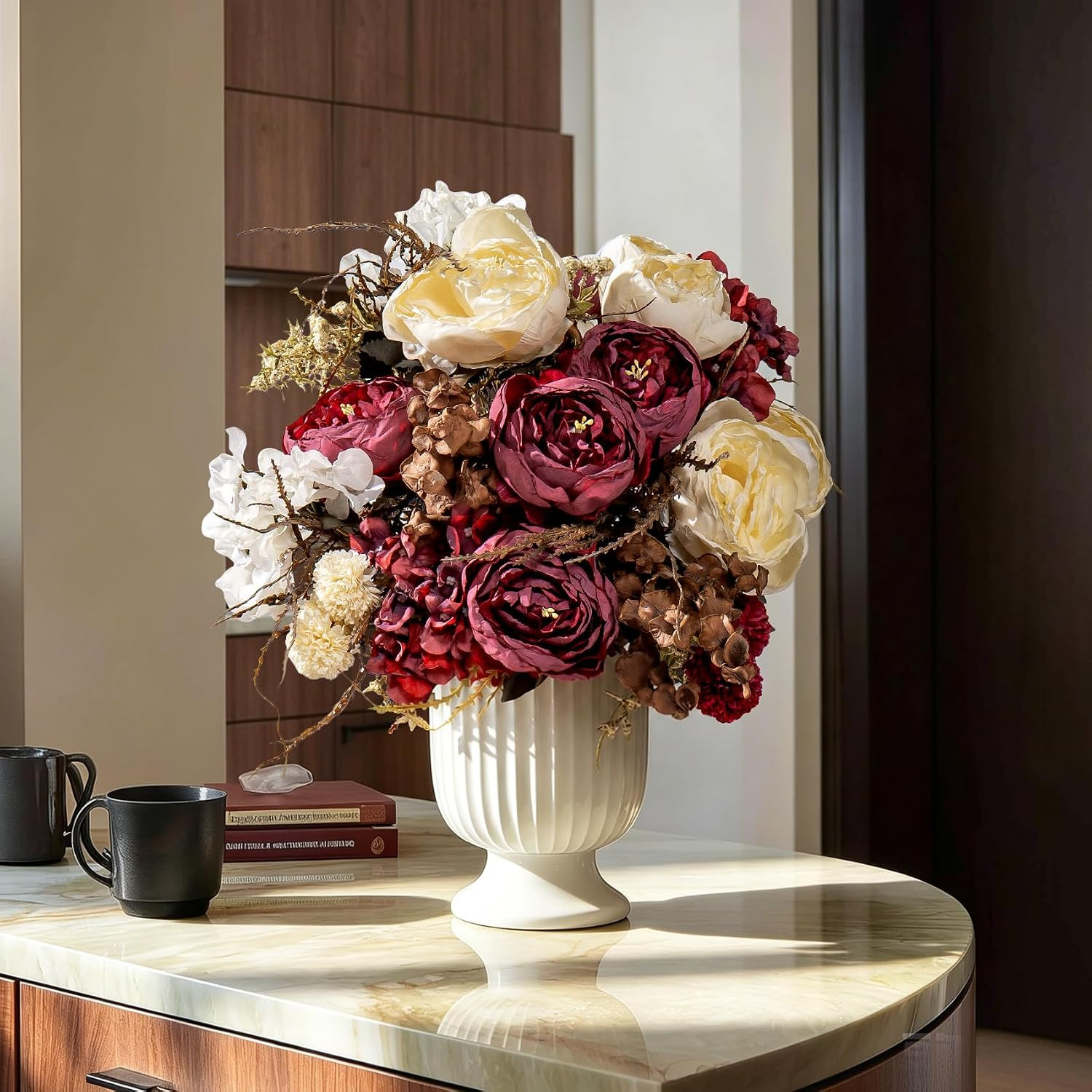 2 Packs Silk Peonies Bouquets – 23 Stems Ivory & Burgundy for Home Decor
