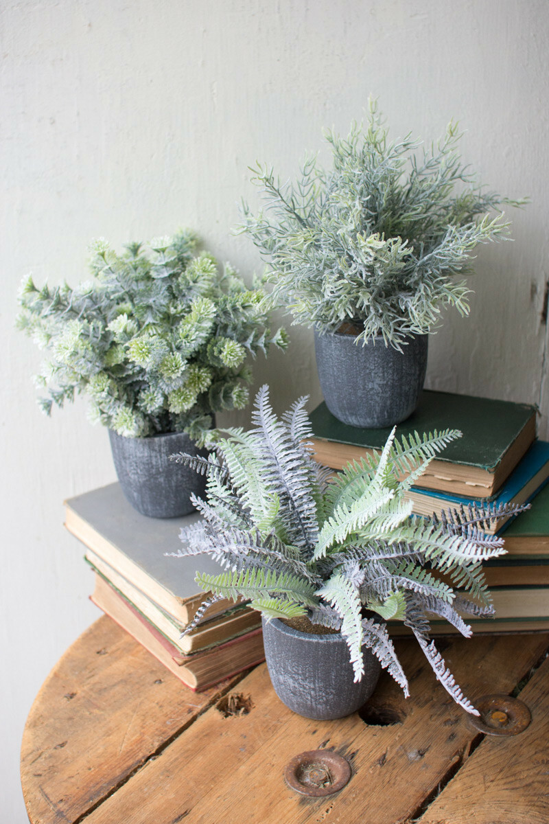 Elegant Fern Leaves Green Set Three Faux Floral Round Gray Pots