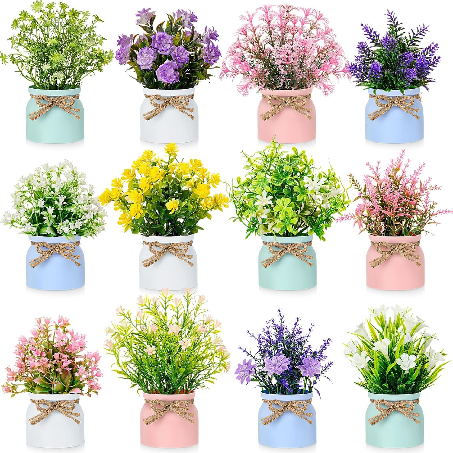 Colorful Mini Faux Potted Plants – 12 Pcs Artificial Flower Decor Set