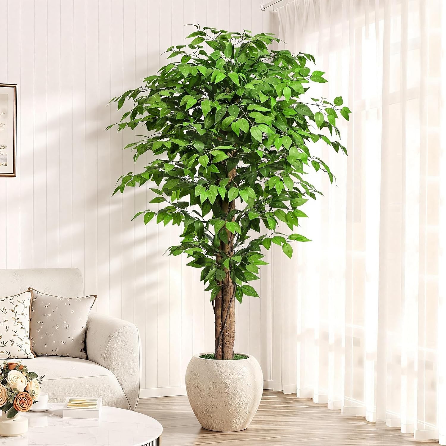 6.2ft Ficus Artificial Trees W/ 3 Natural Curved Trunks 74″ Tall Lush Faux Tree