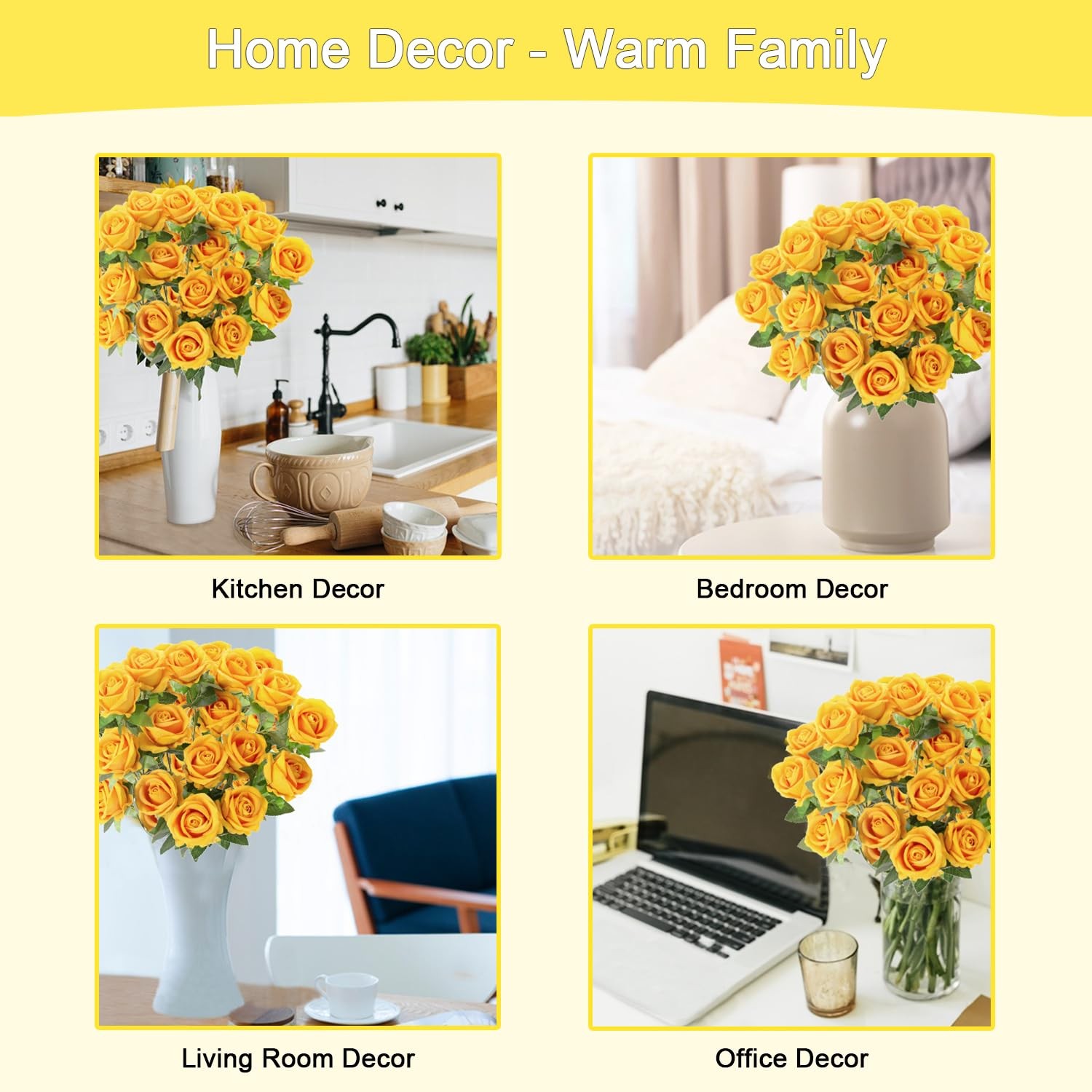 12 PCS Yellow Pearl Artificial Roses Fake Velvet Silk Flowers Wedding Home