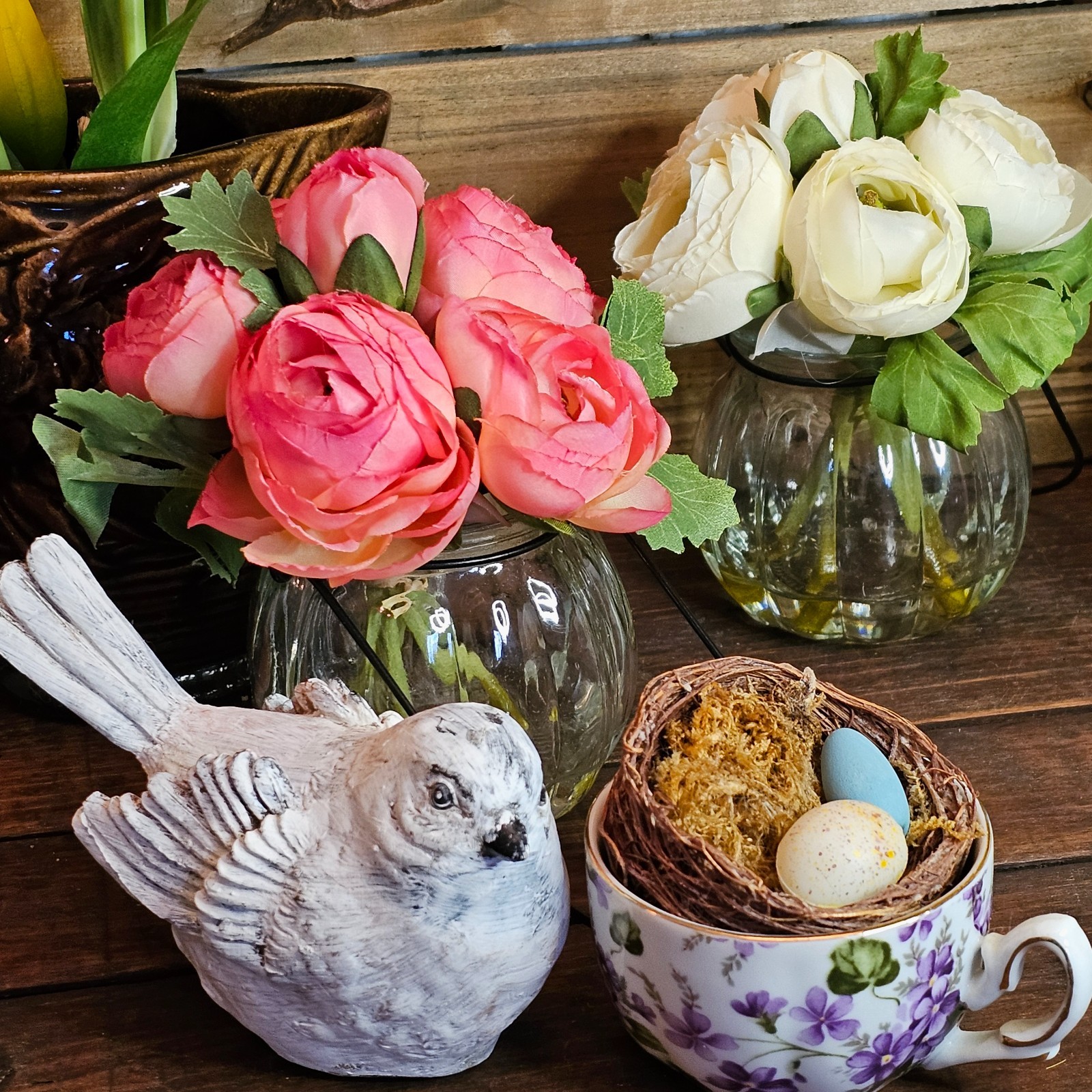 White Ranunculus in a Vase with fake water, Spring Tabletop Decor, Artificial