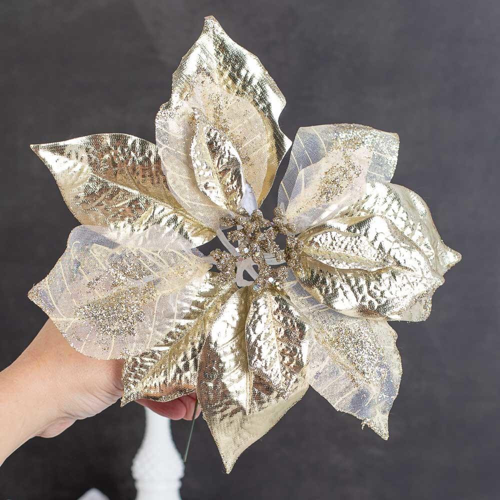 Set of 2 Shimmery Gold Artificial Poinsettia 10″ Floral Stems