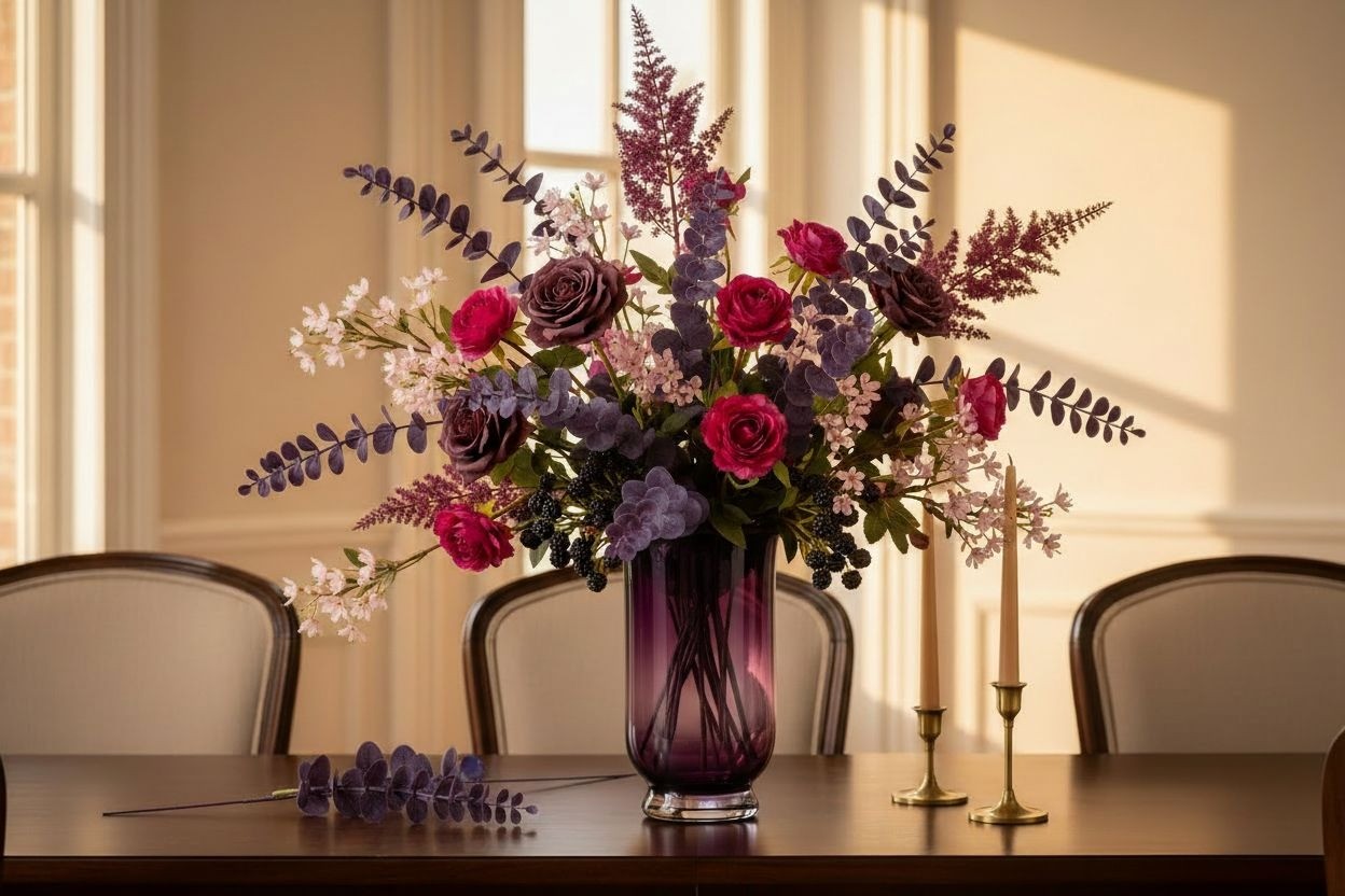 Plum Purple Eucalyptus Stems Set of 10, 14 Inch Burgundy Faux Greenery Picks for
