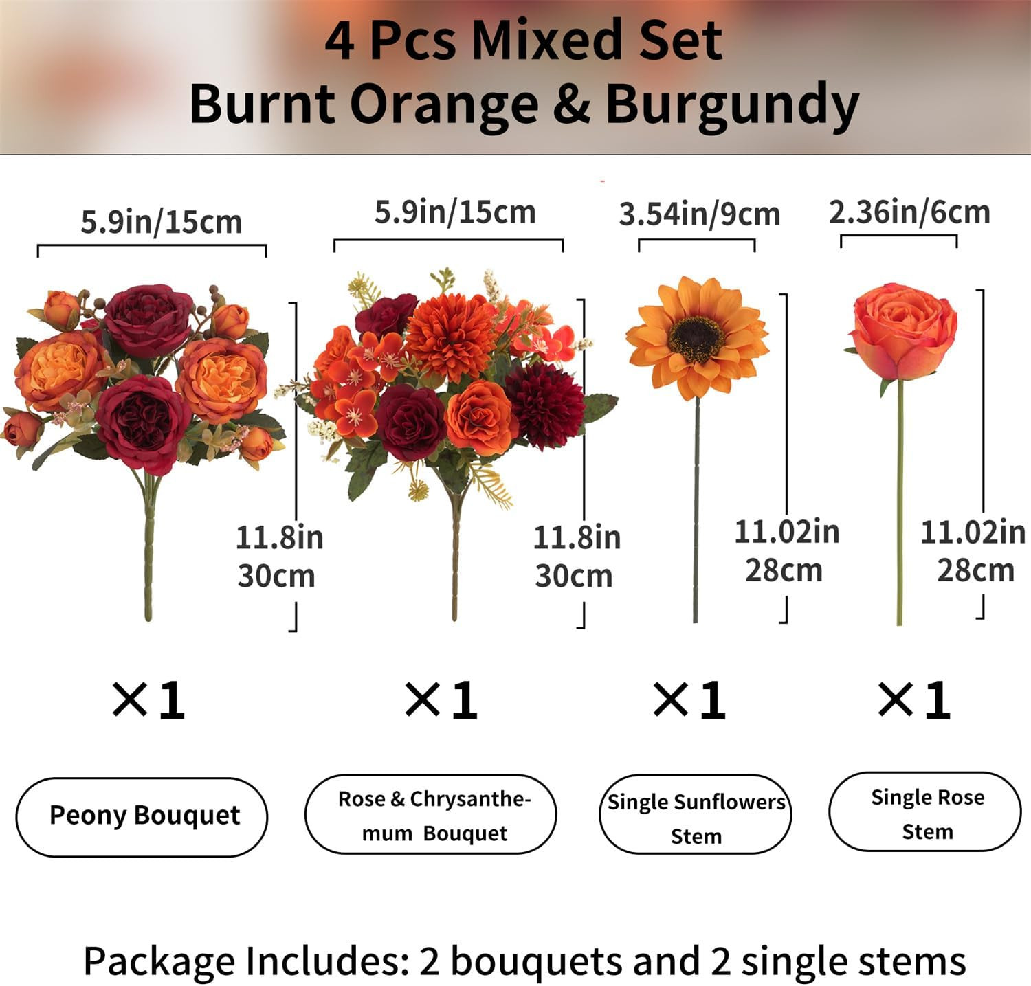 4 Pcs Mixed Autumn Artificial Peony Flower Set-2 Bouquets & 2 Stems, Burnt Orang