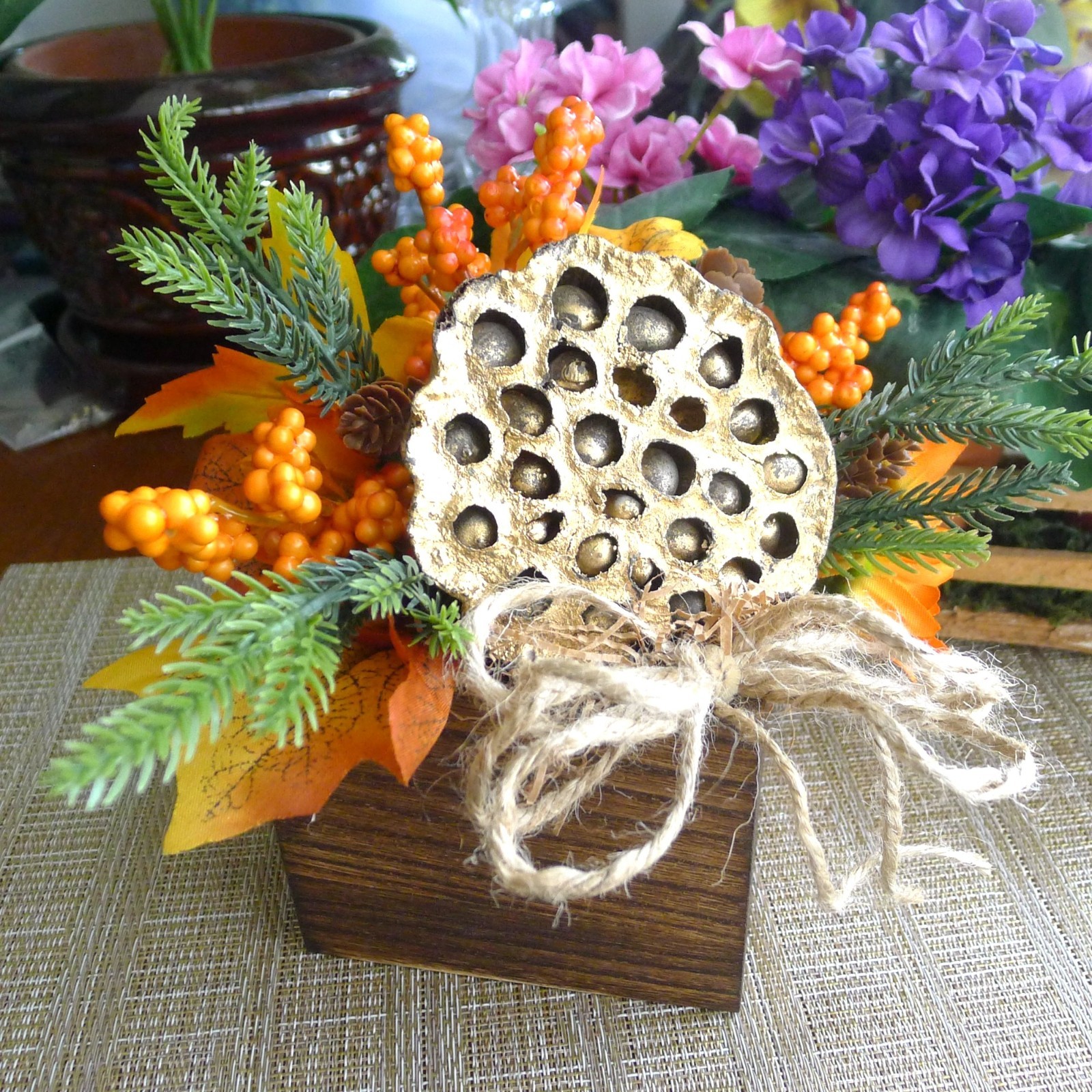 Petite Rustic Fall Floral Arrangement, Gold Lotus, Berries, Pine, Autumn Leaves