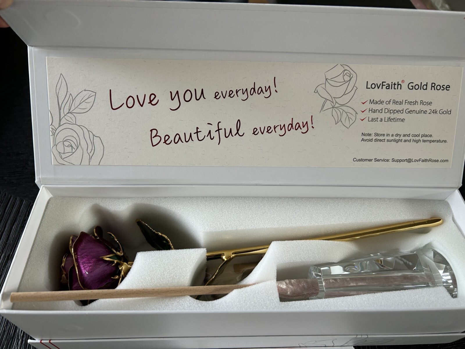 LovFaith Valentines Day Real Rose Dipped 24K Gold with Crystal Stand