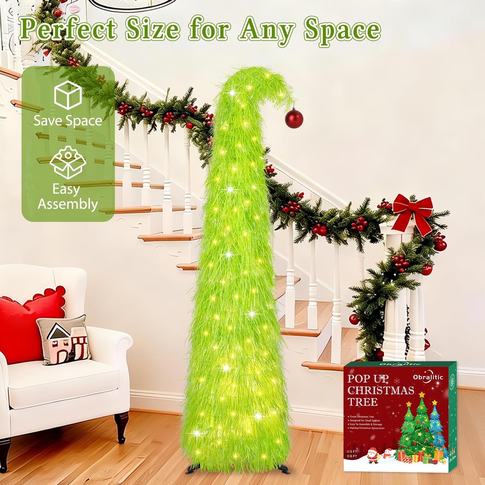 6FT Artificial Shaggy Pop Up Christmas Tree with 100 LEDs, Lime Green Curve