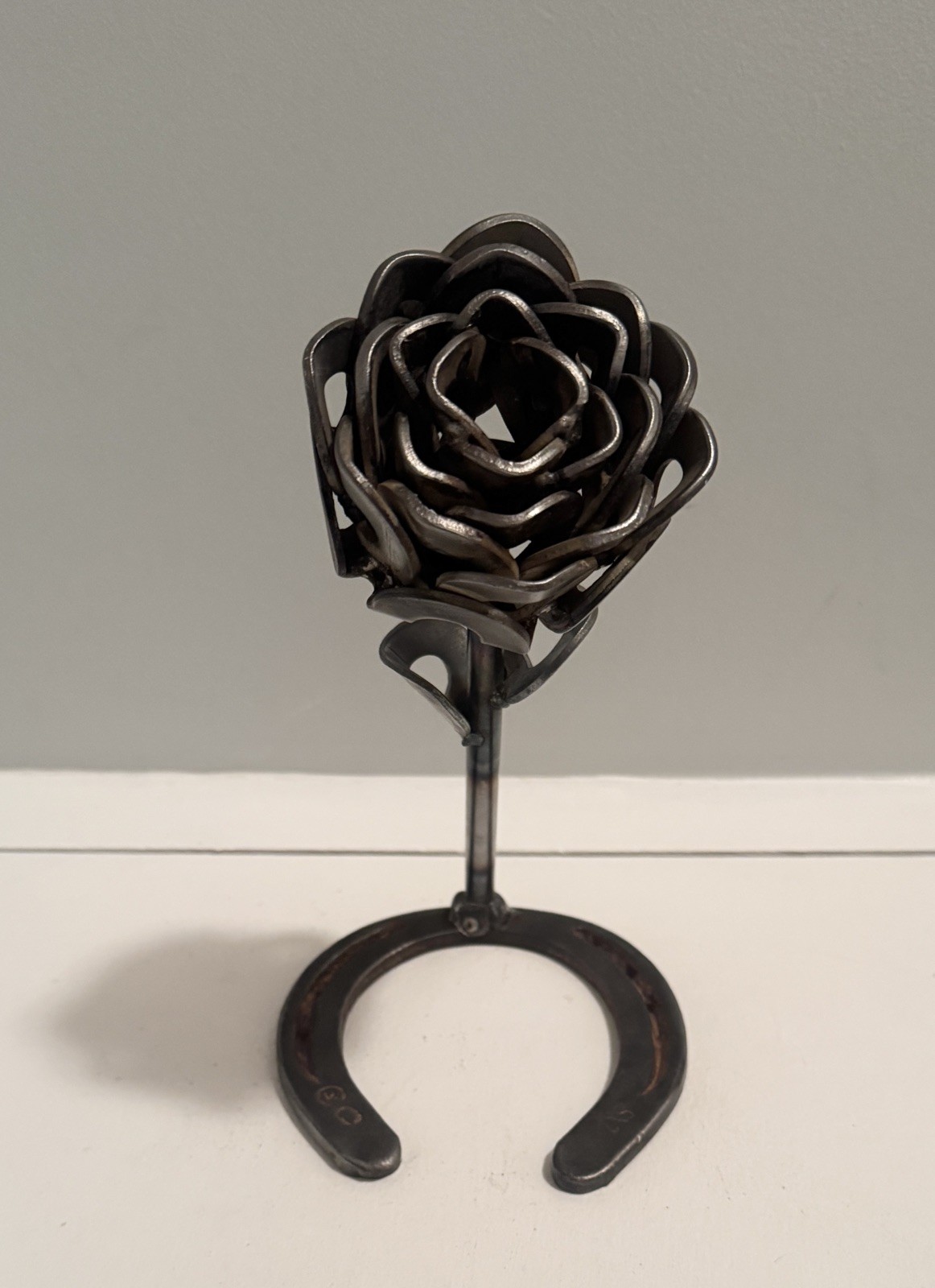 Handcrafted Custom Welded Metal Single Rose on Horseshoe