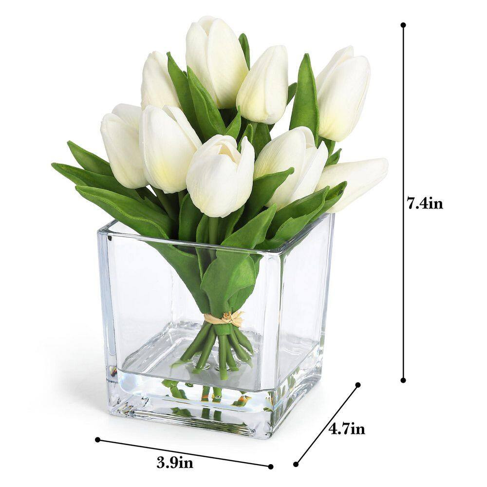 7.4 In. Real Touch White Artificial Tulip Arrangement in Clear Glass Vase, Indoo