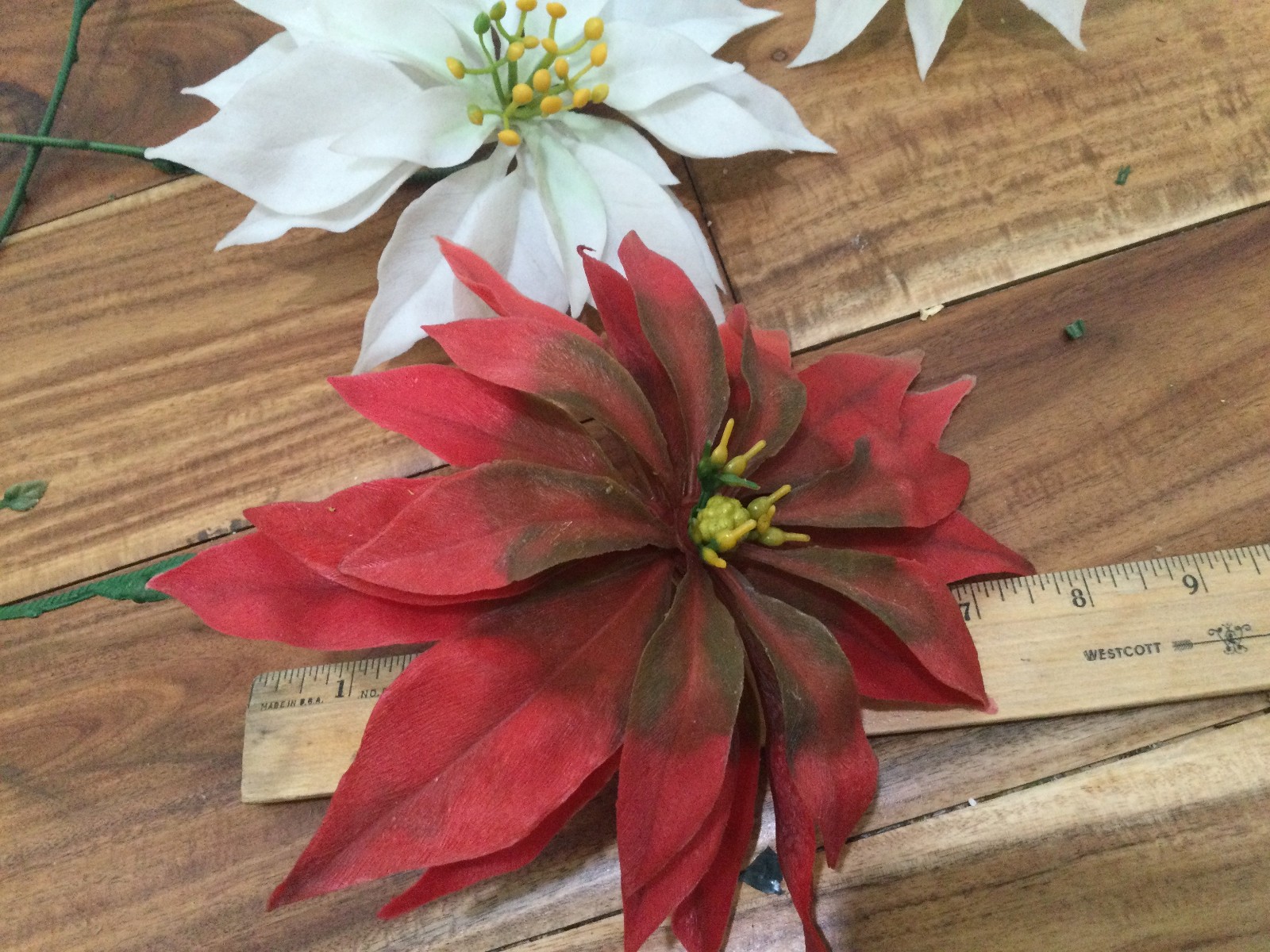 set 3 + extra ’60 Poly Plastic Hong Kong poinsetia large 6” bloom 11”length