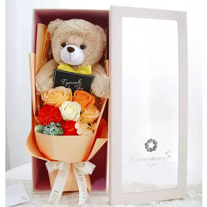 Plush Teddy Bear Bouquet Gifts Soap Rose Flower Gift Box w/ LED Valentine’s Day
