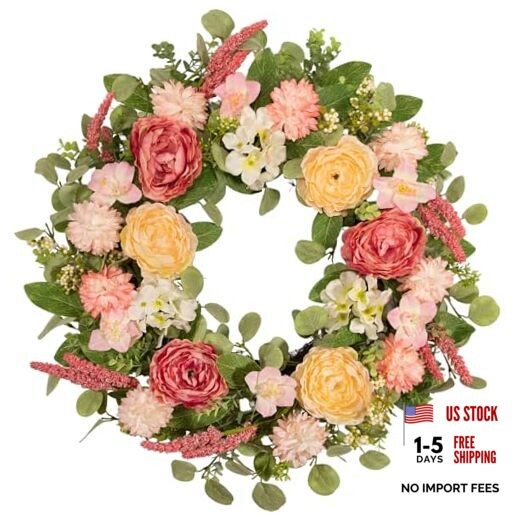 22 Inch Spring Summer Wreath for Front Door, Realistic Silk Peony & Hydrangea