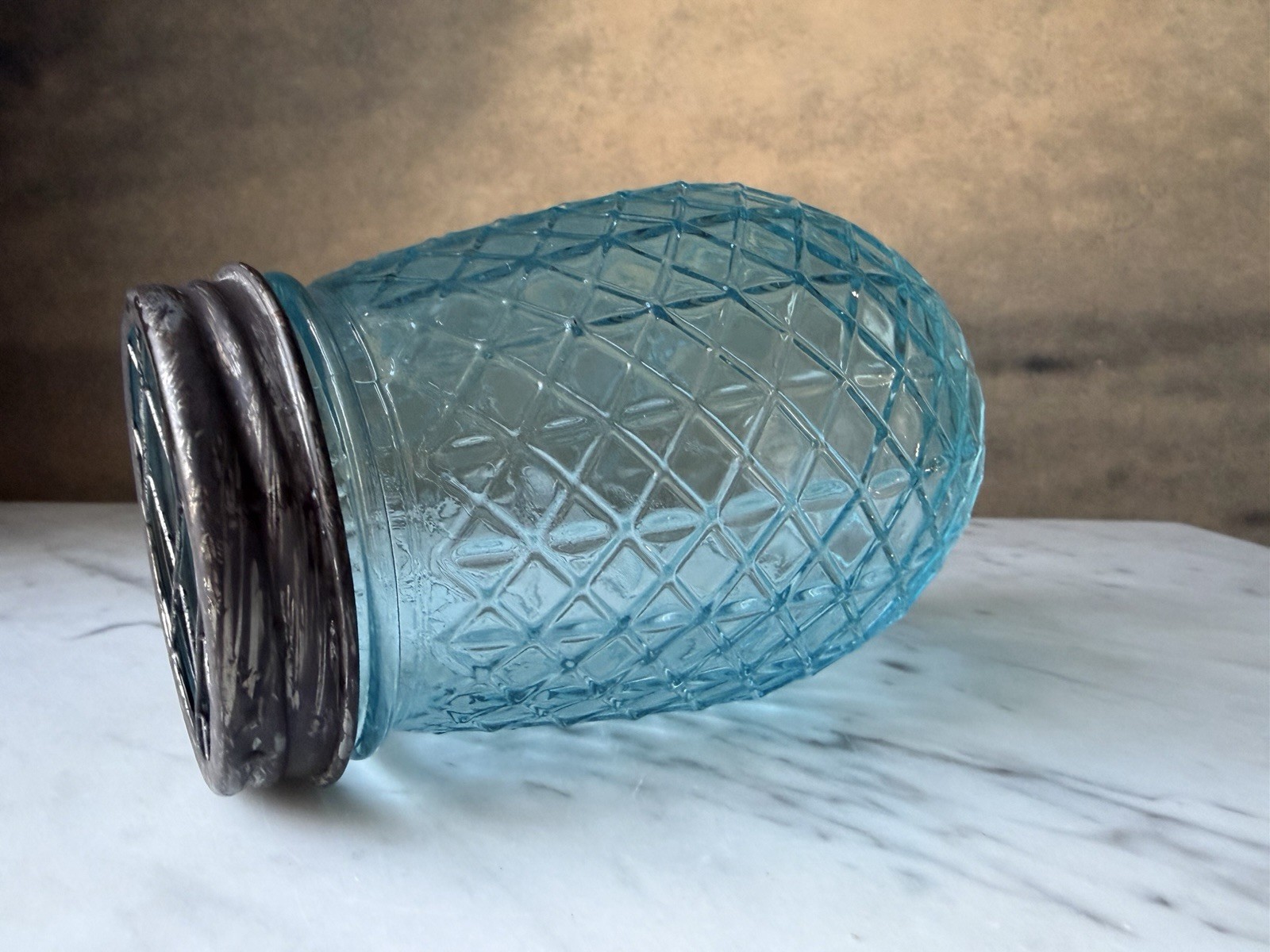 Vintage Style Blue Glass Flower Jar with Galvanized Floral Grid Lid, 5.4″