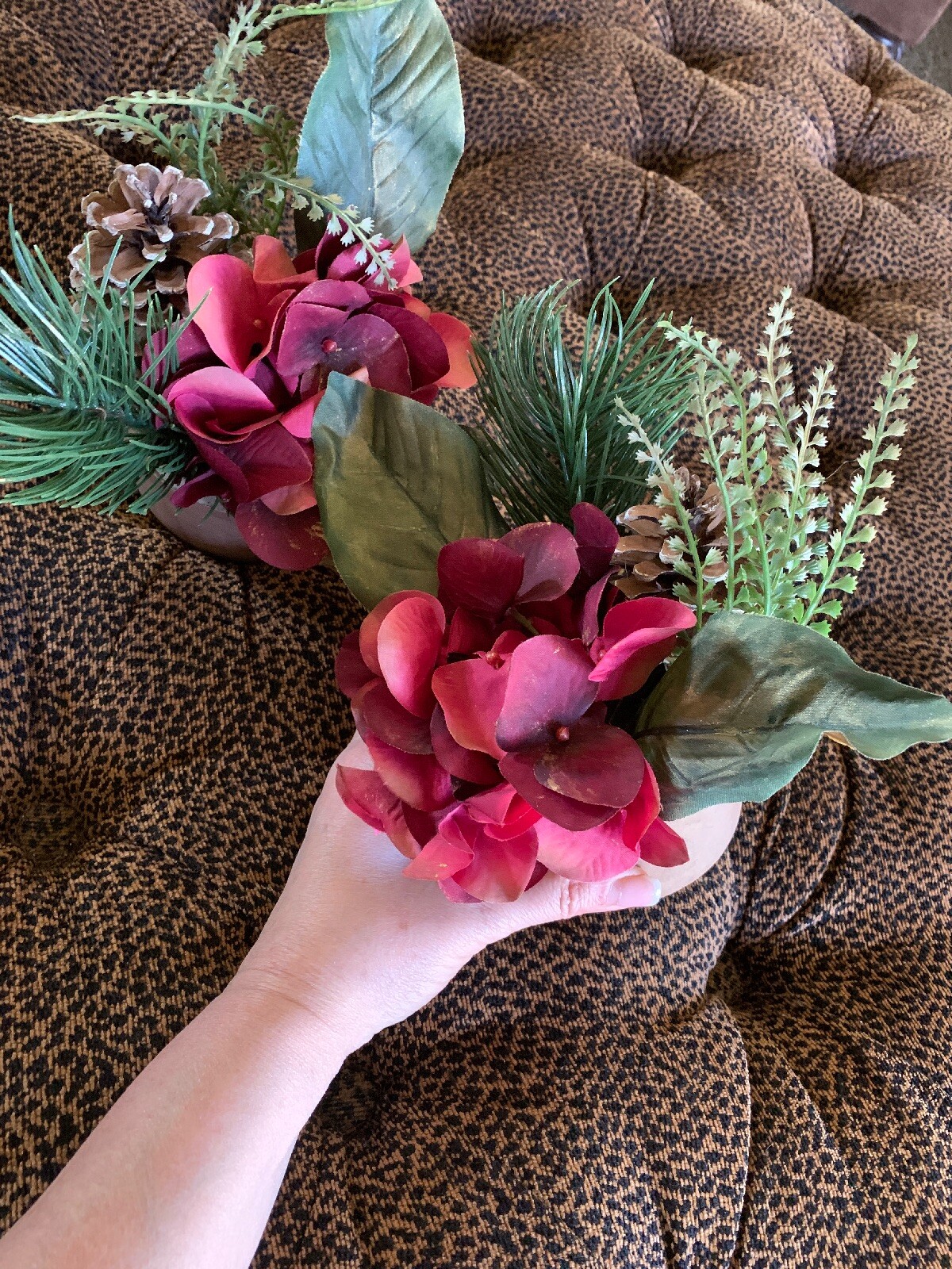 2 Red Hydrangea Floral Plant Greenery Faux Silk Stone Pot 7” Decor Accent