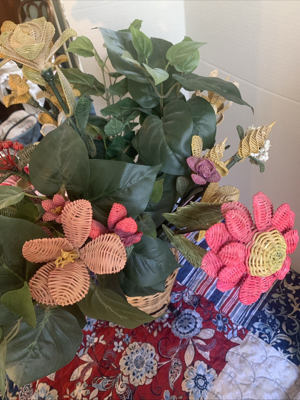 Handcrafted RARE Artificial Flowers Made of Wicker Rattan- Vintage READ