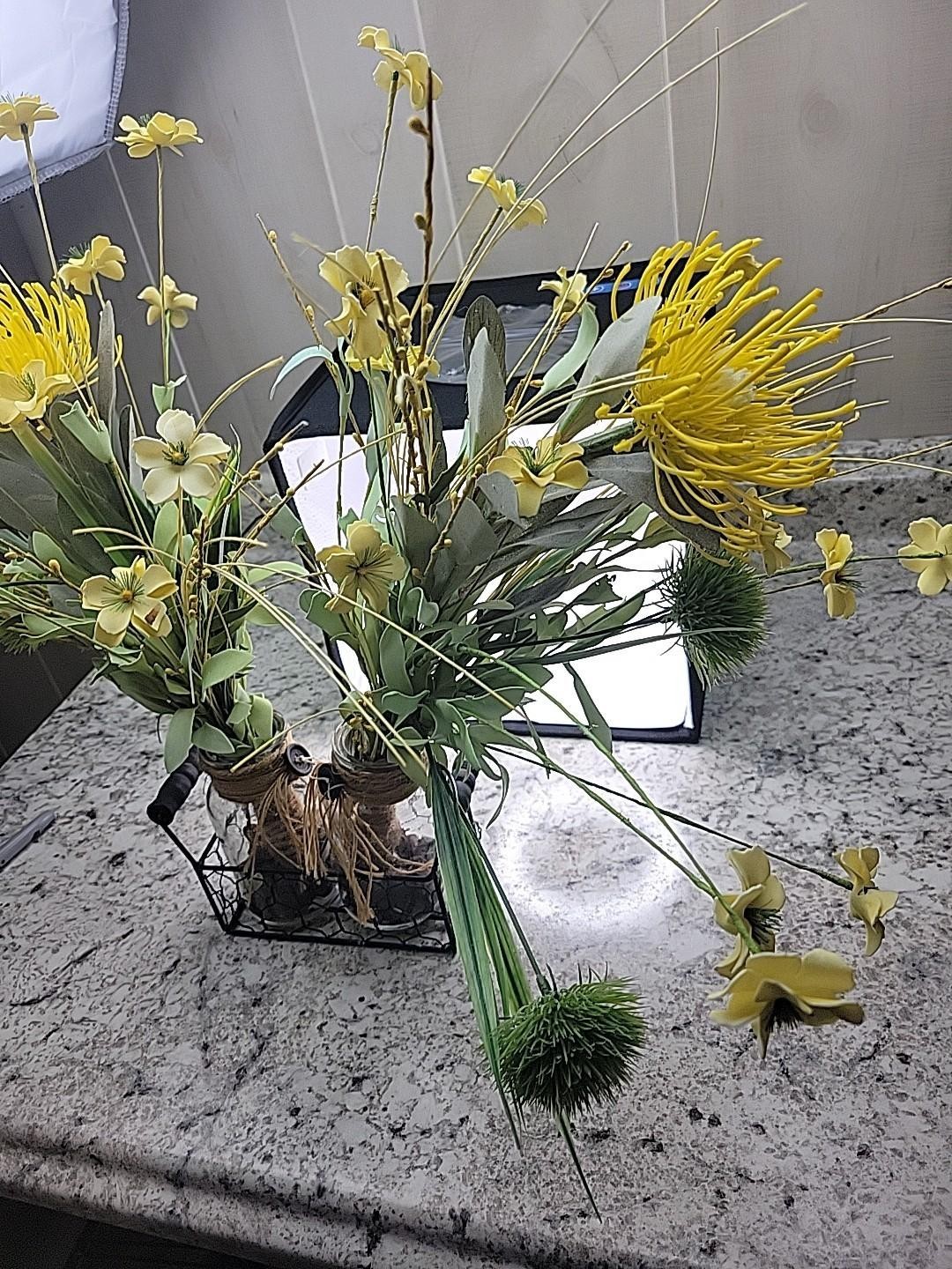 Farmhouse Yellow Artificial Flower Arrangement Glass Jars Metal Caddy Rustic…