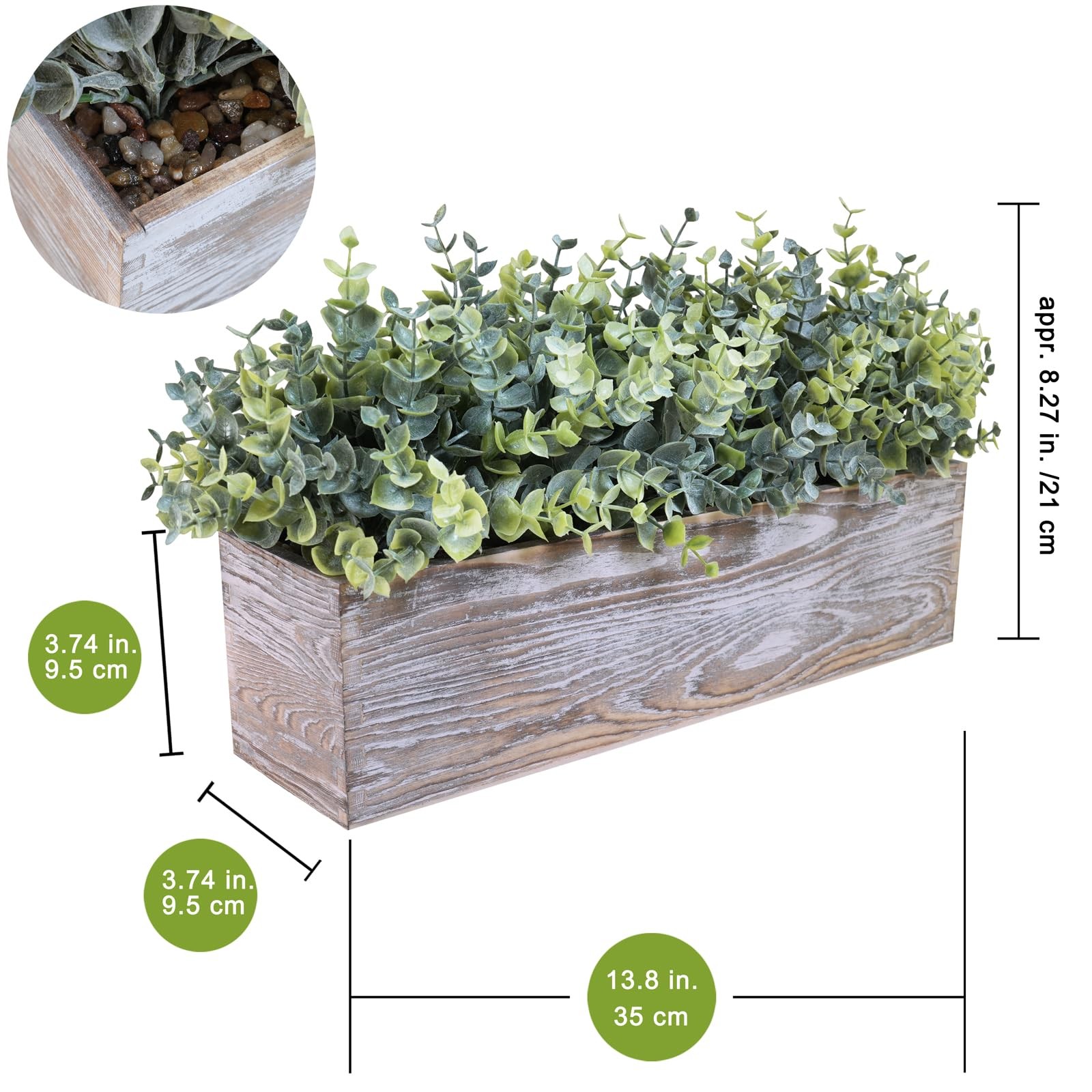 14″ Artificial Eucalyptus in Rustic Rectangular Wooden Planter Box Faux Potte…