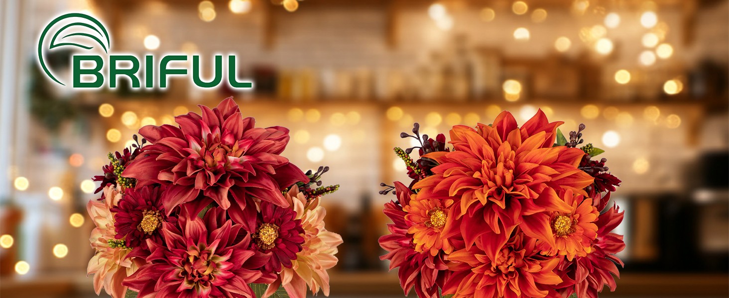 Faux Fall Flowers in Vase, Artificial Dahlia & Mum Silk Floral Arrangement with