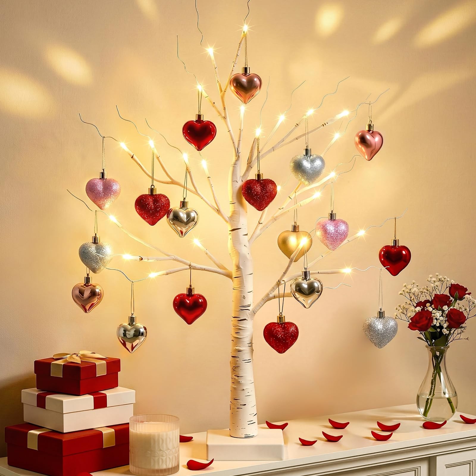 Valentines Day 2 FT Birch Tree 24 LED 18 Heart Ornaments USB Battery White