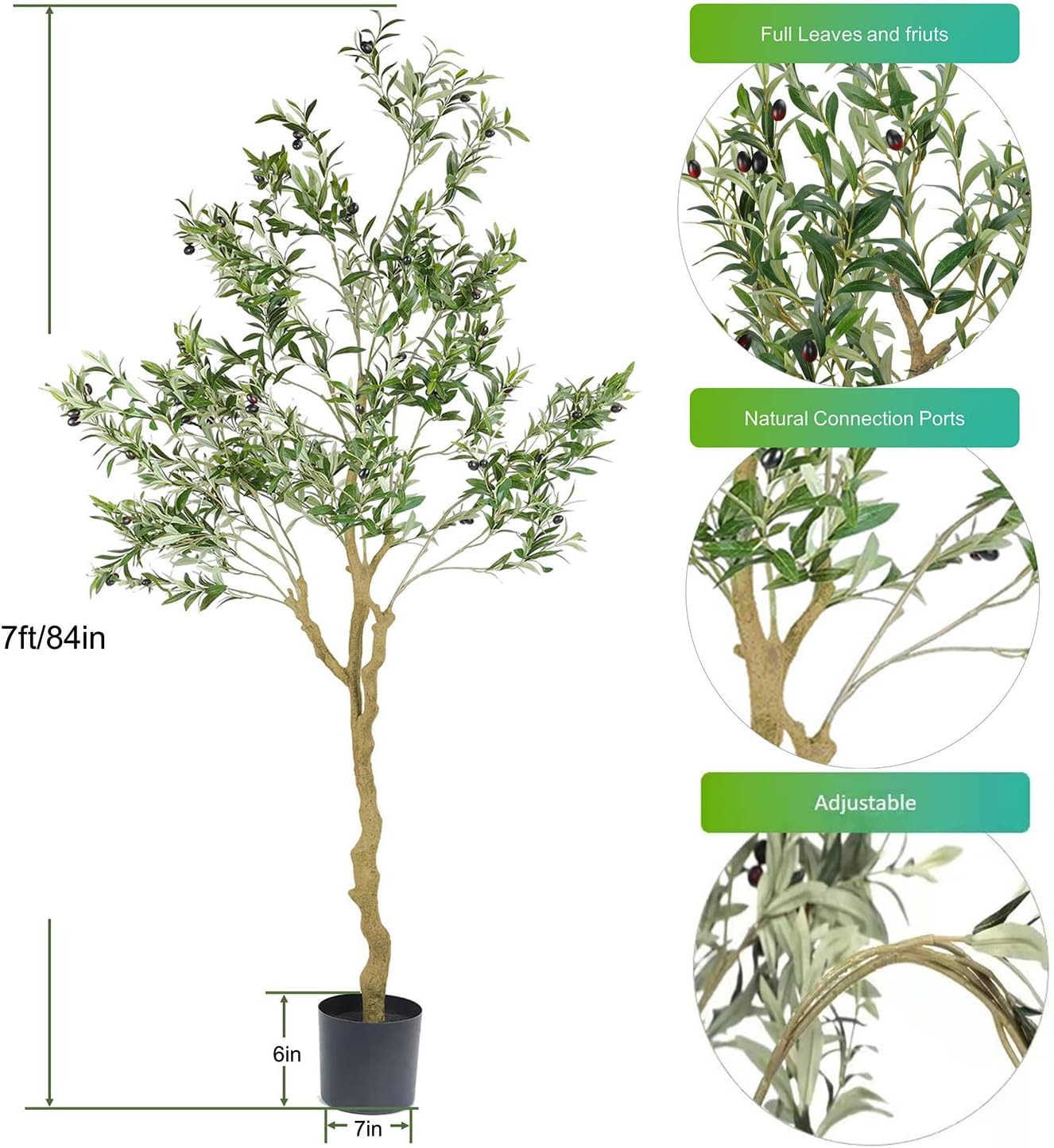 7Ft Realistic Faux Olive Tree with Fruits for Home & Office Decor