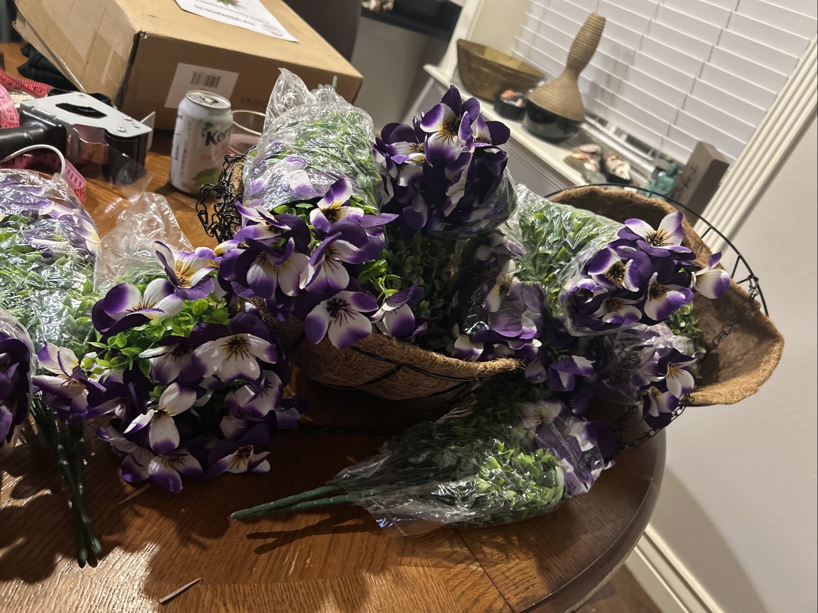 Purple & White Artificial Hanging Plant Basket with UV-Resistant Flowers