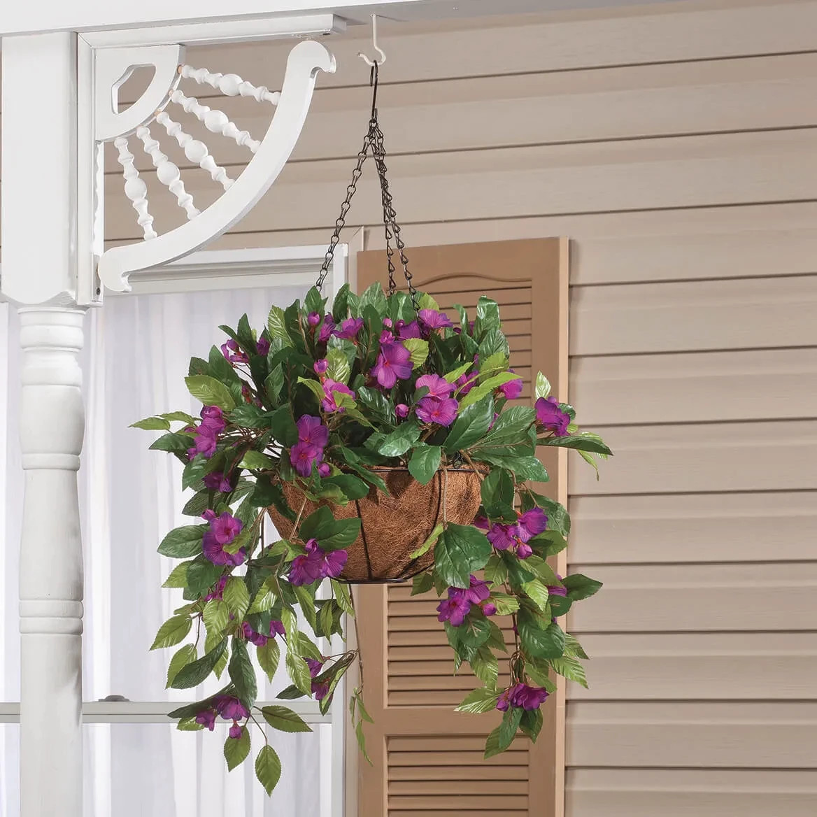 Large Artificial Purple Impatiens Hanging Basket Indoor Outdoor Patio Yard Decor