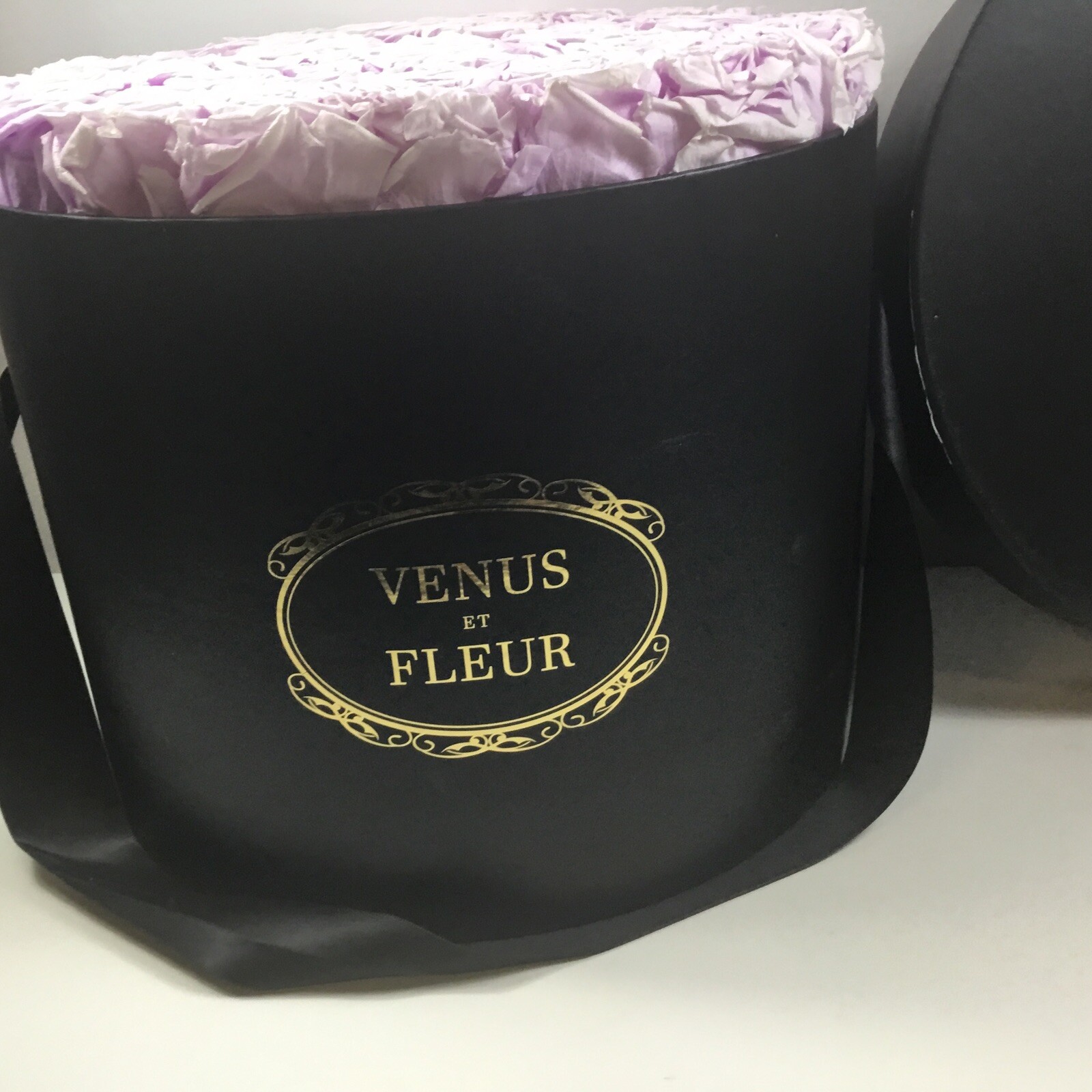 Venus Et Fleur Large Flower Box Black Gold Lettering Violet Roses9”tall 12”dia.