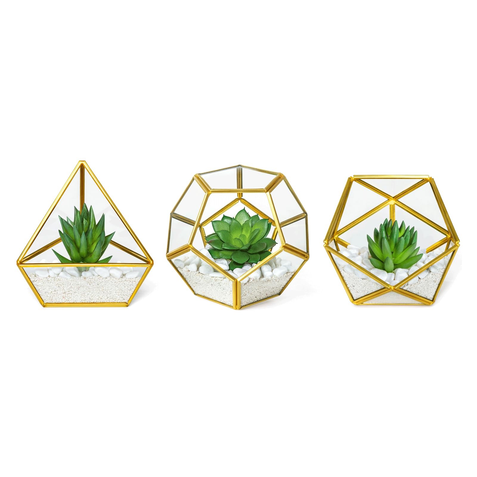 Mkono Artificial Succulent in 3 Pack Mini Glass Geometric Terrarium, Miniature