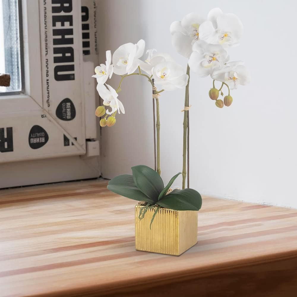 Realistic White Orchid Flowers in Ceramic Pot for Home Decor Centerpiece