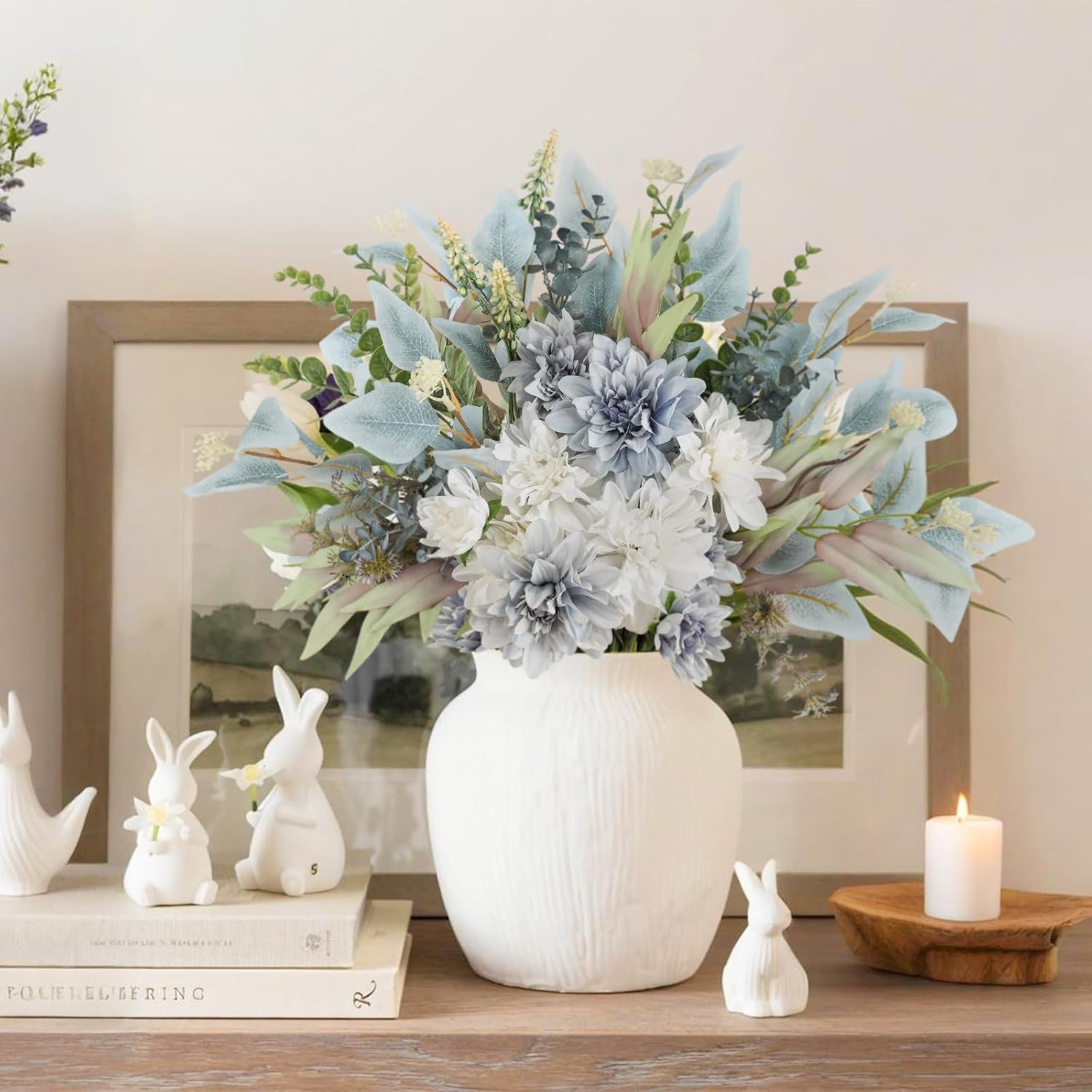 2 Pcs Blue White Faux Flower Bouquet for Home Decor & Wedding Centerpieces