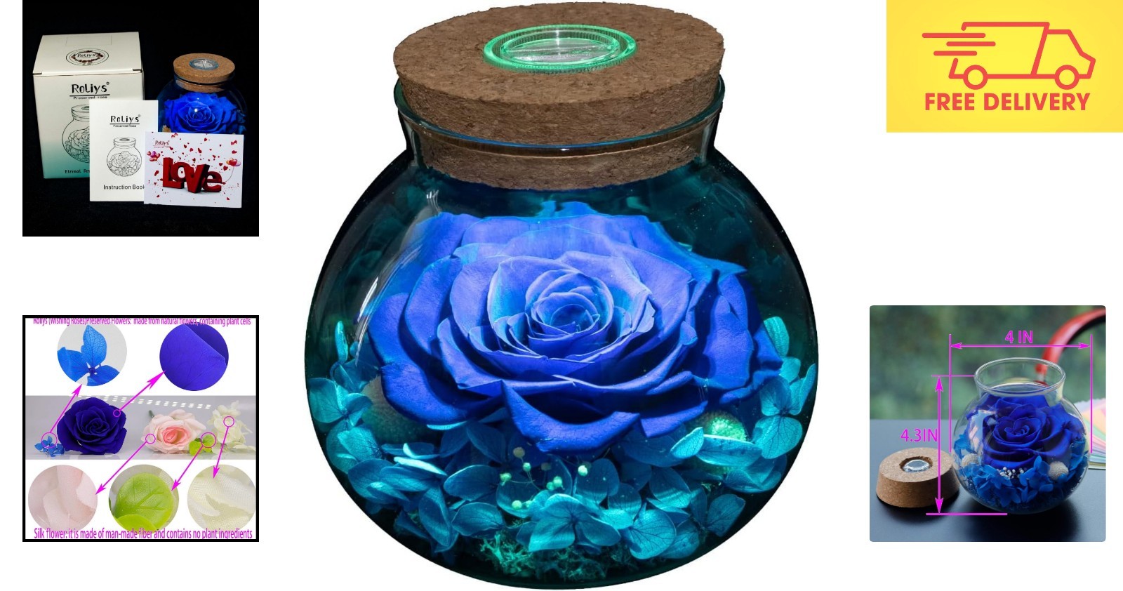 Preserved Blue Rose with Colorful Mood Light in Elegant Glass Bottle – 4.3″