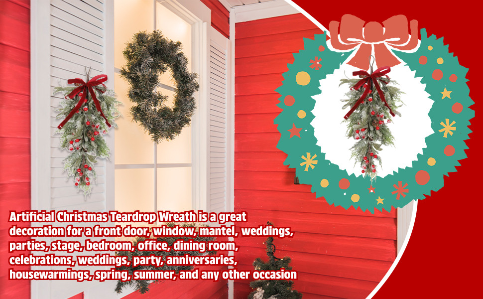 Front Door Wreath Farmhouse Winter Xmas Christmas Teardrop Swag Garland for