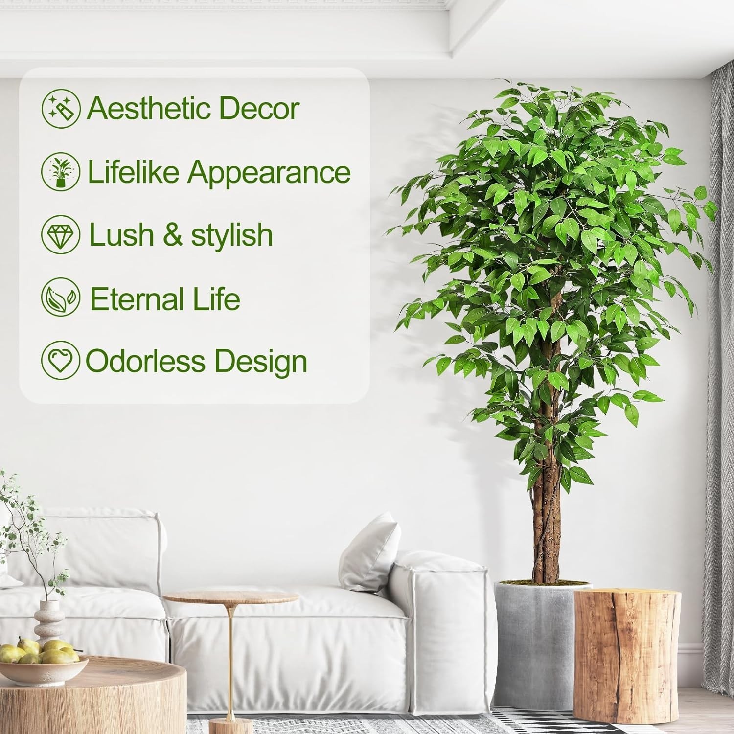 6.2ft Ficus Artificial Trees W/ 3 Natural Curved Trunks 74″ Tall Lush Faux Tree