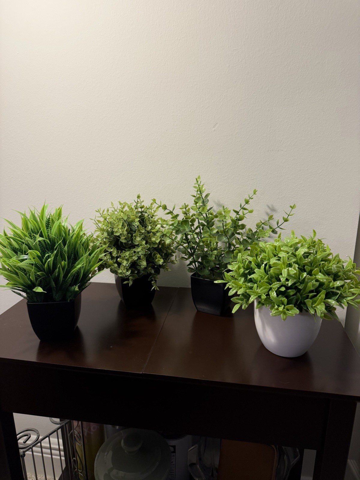 4 Pack Plants Small Faux Artificial Plastic Pots Indoor 3 Black 1 White Pot