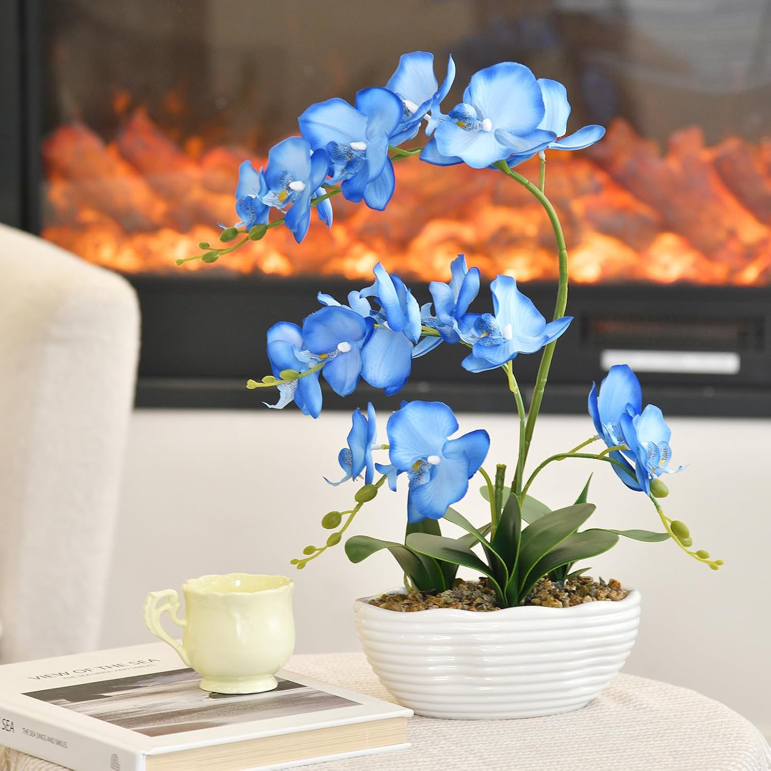 Blue 19″ Faux Phalaenopsis Orchid in Ceramic Pot – Elegant Silk Floral Centerpie