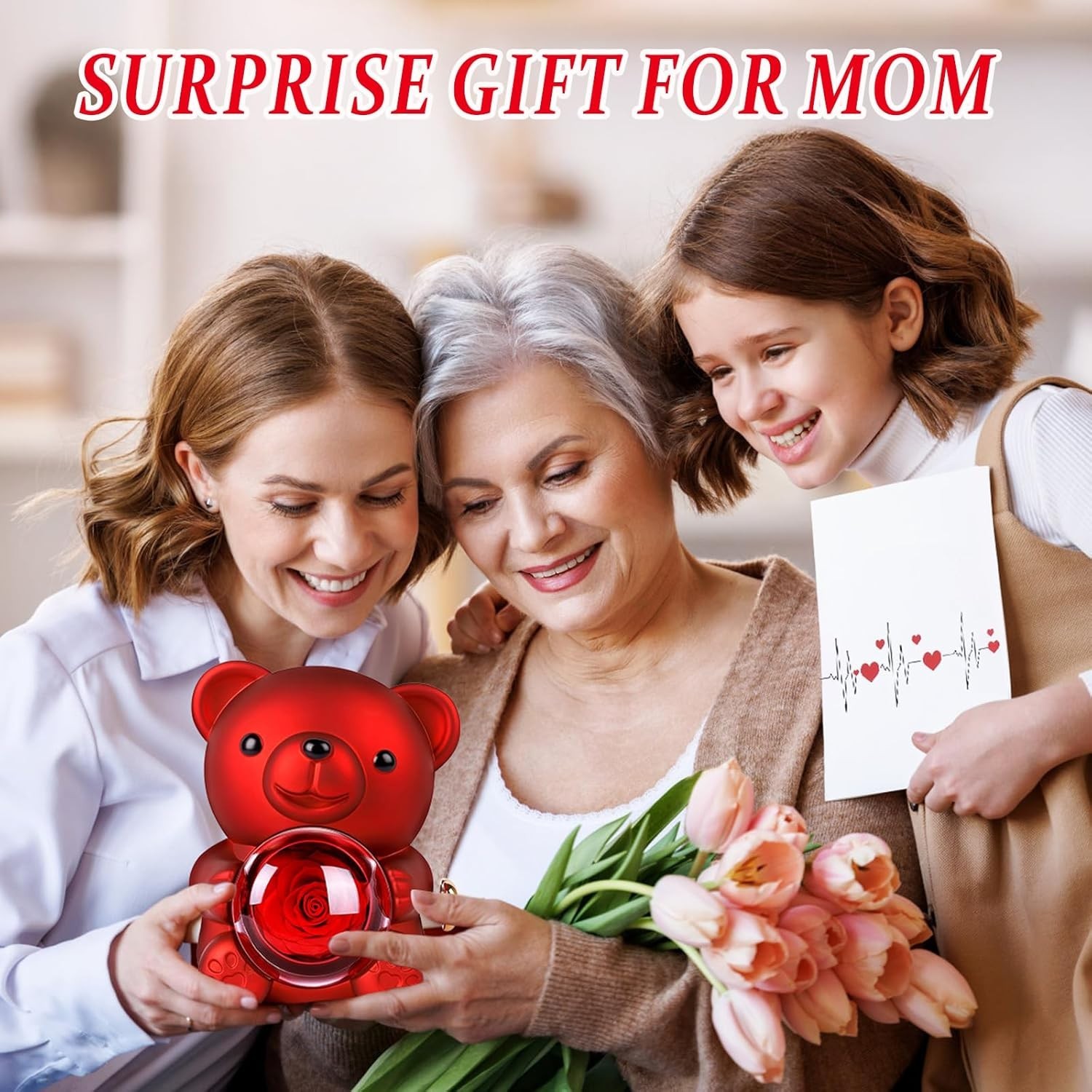 Teddy Bear with Preserved Rose,Eternal Flowers Rotating Rose Box with Necklace R