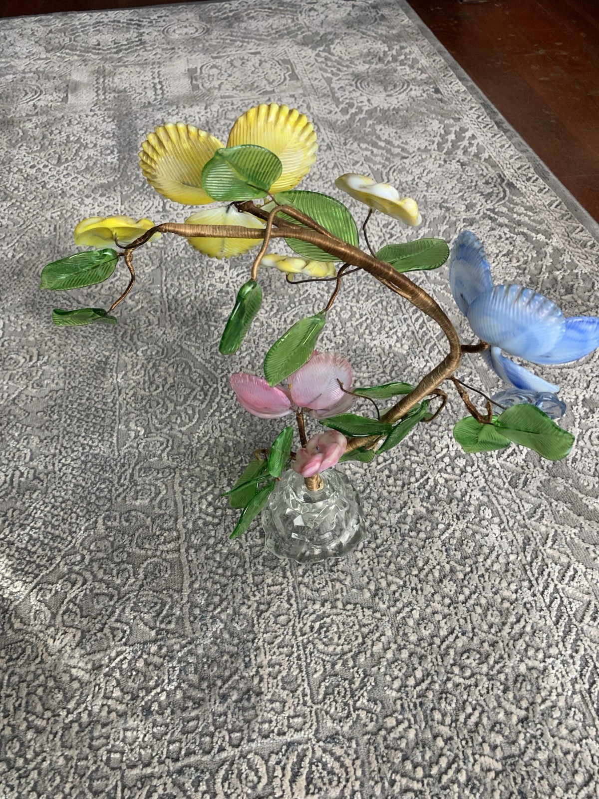 Vintage Art Glass Wired Blue Yellow Green Floral Bouquet Adjustable RARE