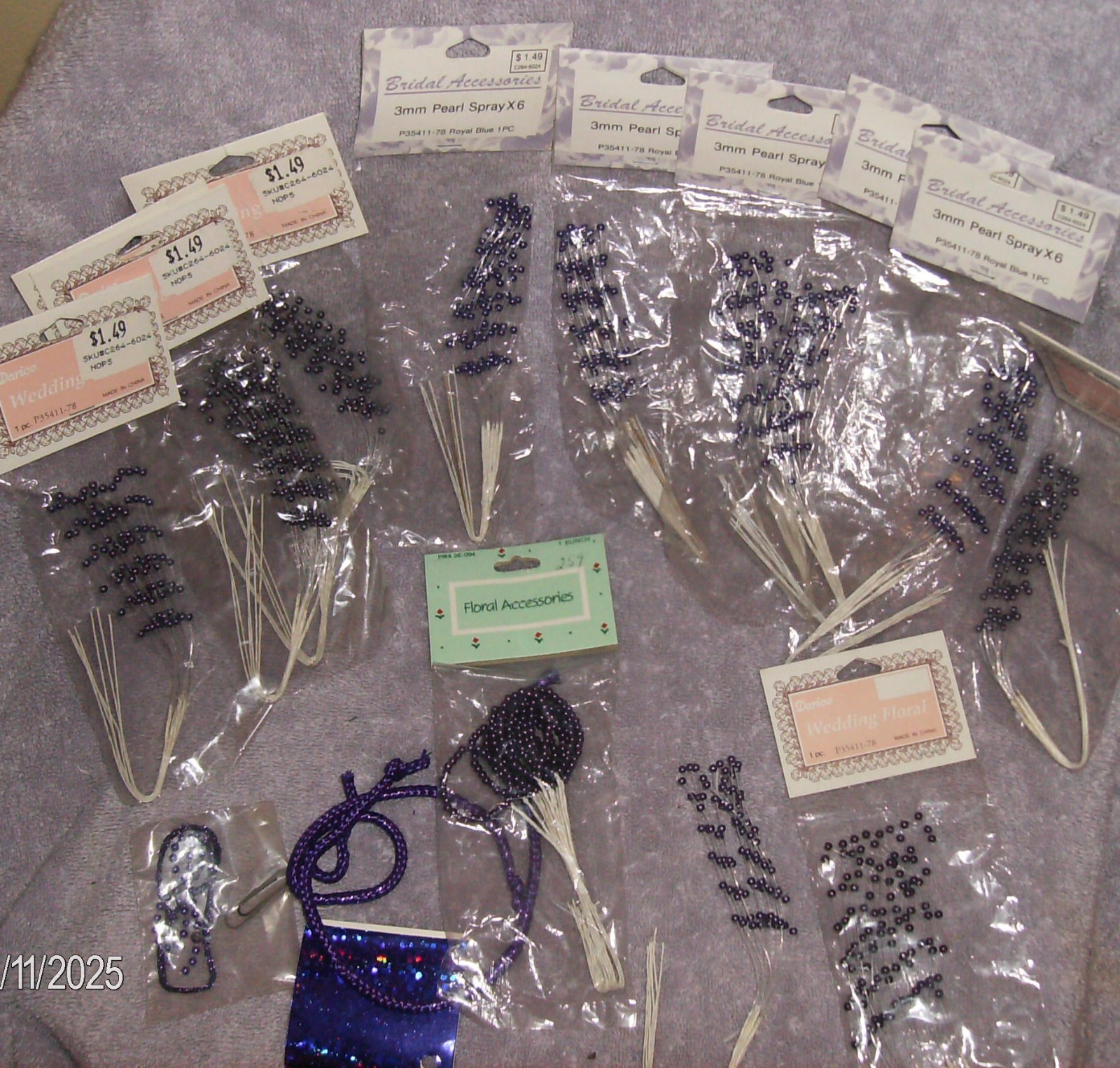 LOT OF 12 PACKAGES PURPLE PEARL BEAD STEMS FLORAL ACCESSORIES CRAFTS & FREE TIES