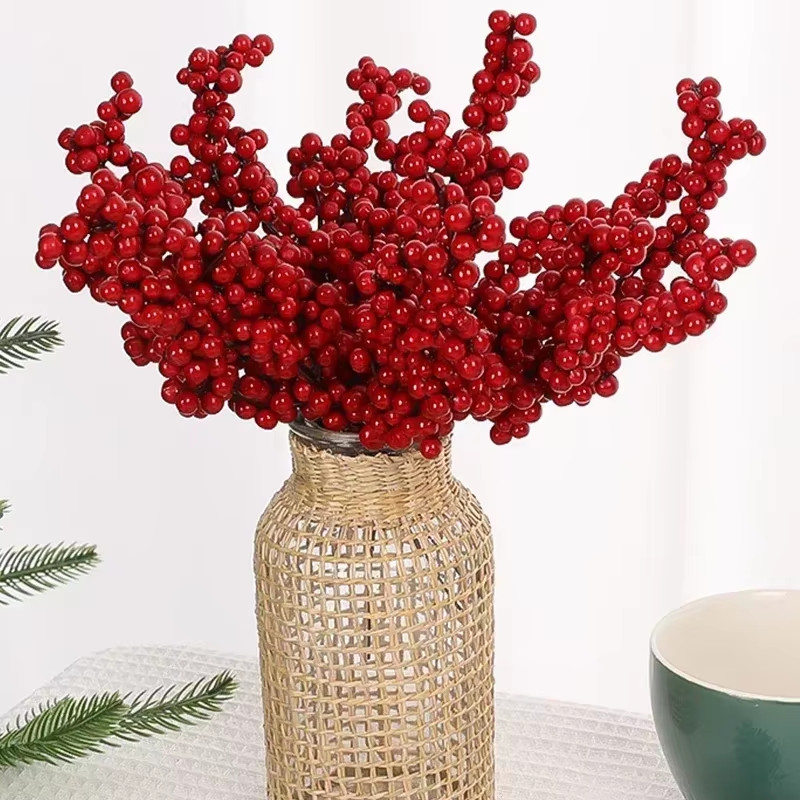 50/1Branch Christmas Artificial Berries Stem Red Holly Berry Fake Flowers Plant