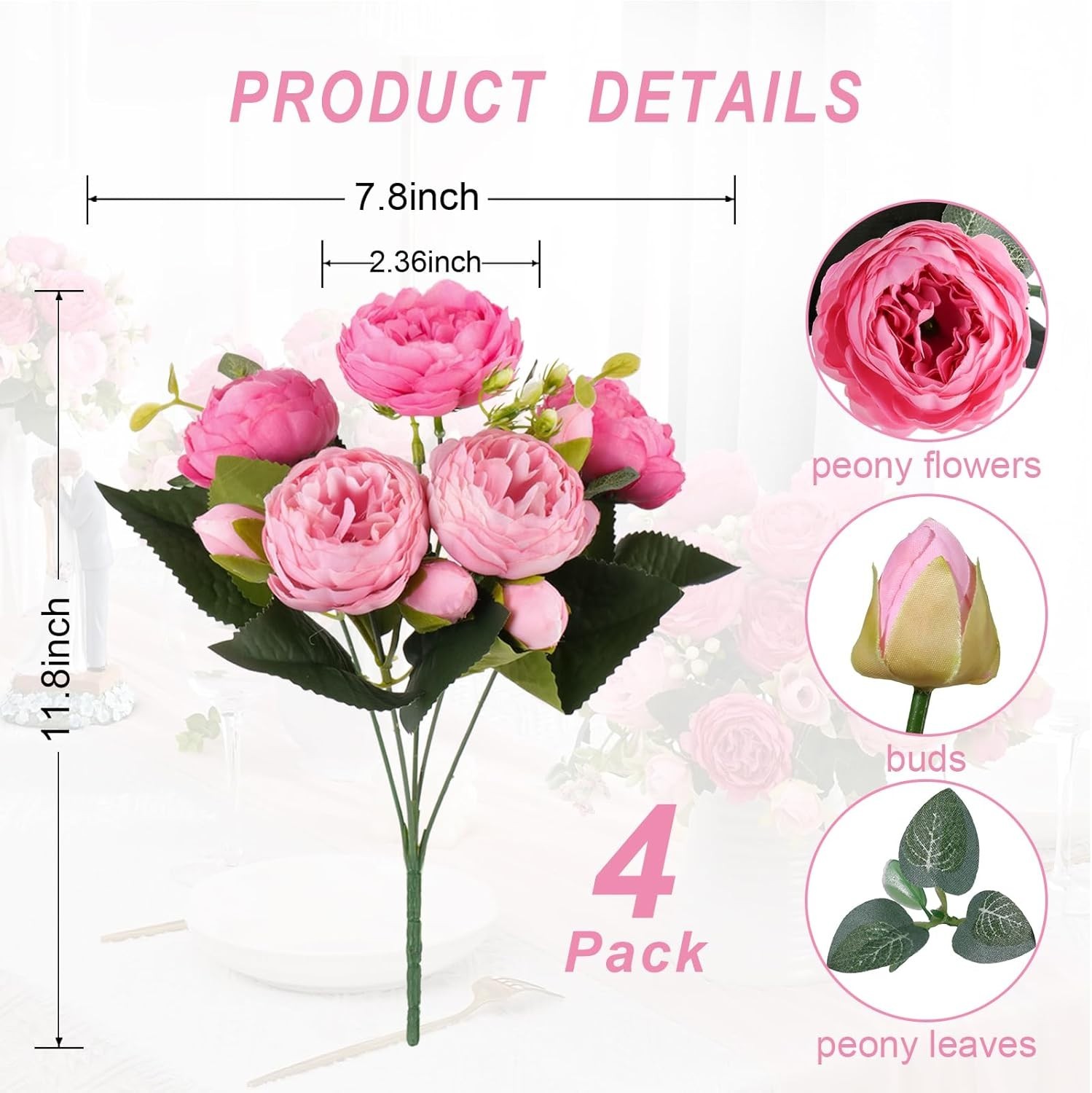 Artificial Peony Silk Flowers Bouquet 4 Bundles for Home Wedding Party Decor