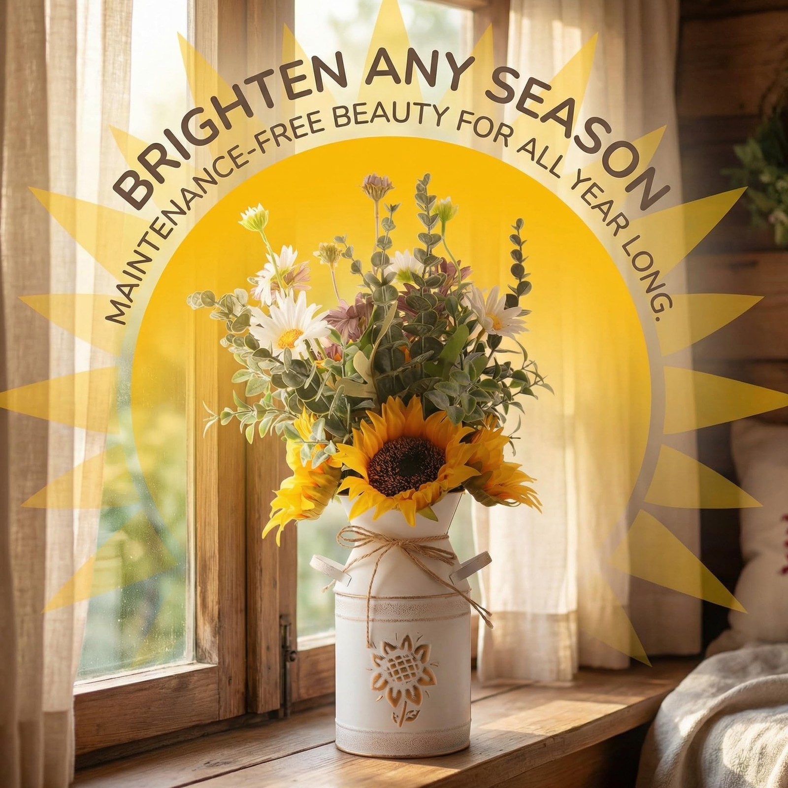 Yellow Artificial Sunflower Silk Flowers In Metal Vase Faux Kitchen Decor Gift