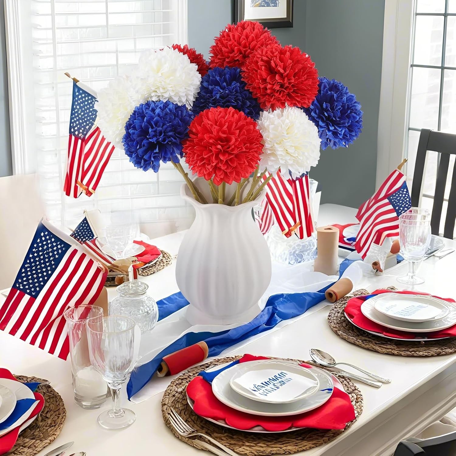 Patriotic Faux Silk Chrysanthemums – 12 Pcs Ideal for Indoor Table Centerpieces