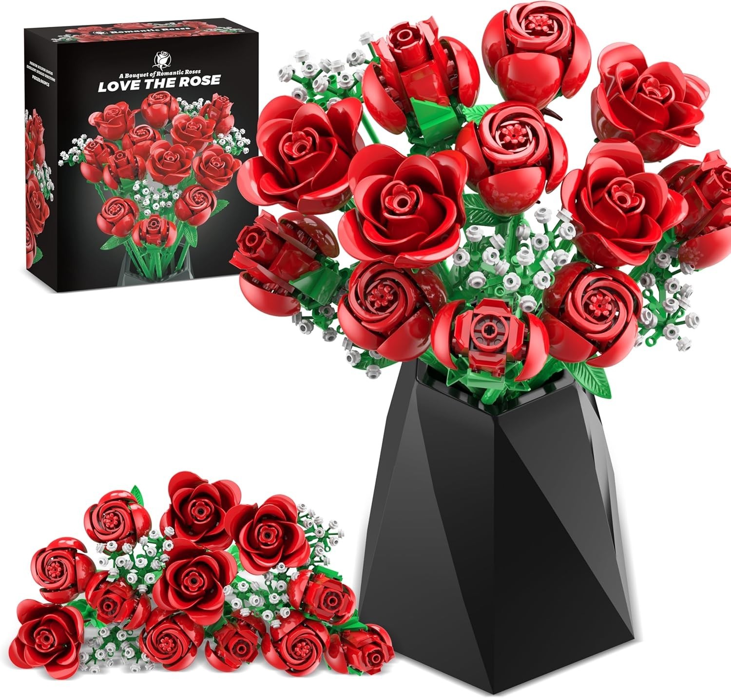 Eco-Friendly Red Rose Bouquet Building Blocks – 16Pcs for Lasting Romance