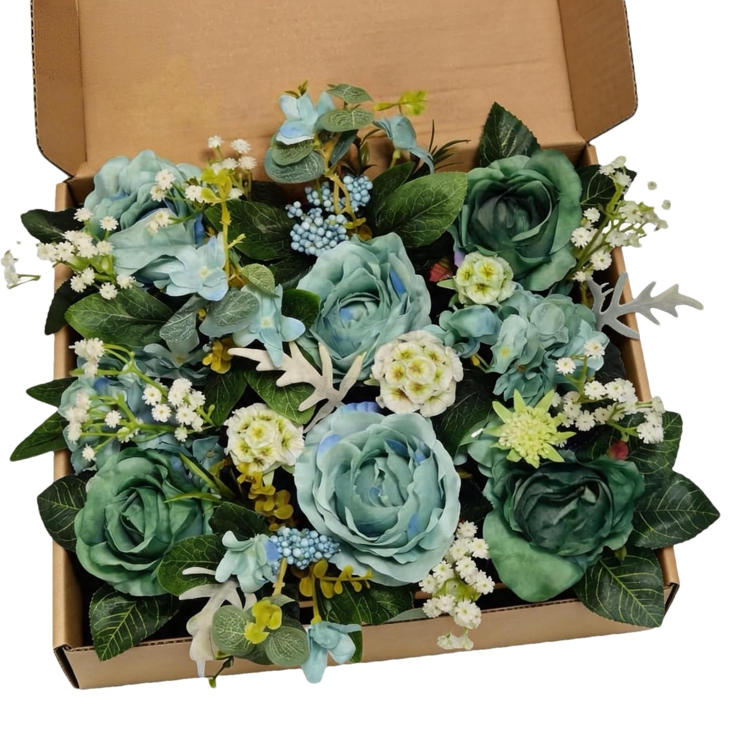Turquoise Teal Blue Artificial Silk Rose Babys Breath Mixed Flowers Teal Rose