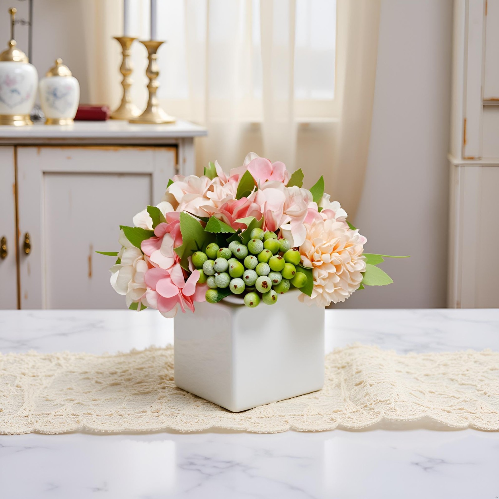 Artificial Flower Arrangement in Ceramic Vase Pink Hydrangea Home Decor