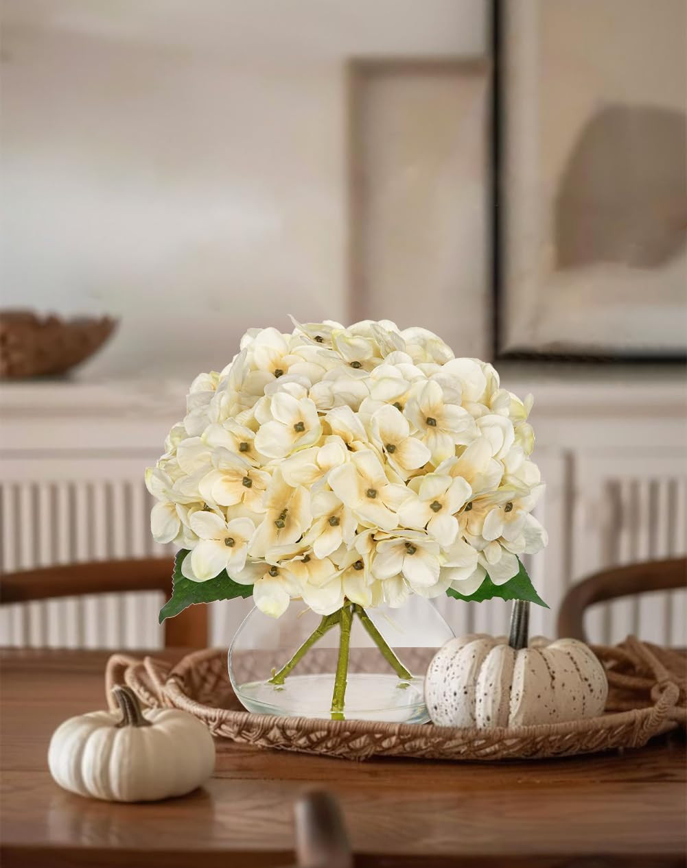 Fall Hydrangea Artificial Flowers for Decoration with Glass Vase White Silk Fake